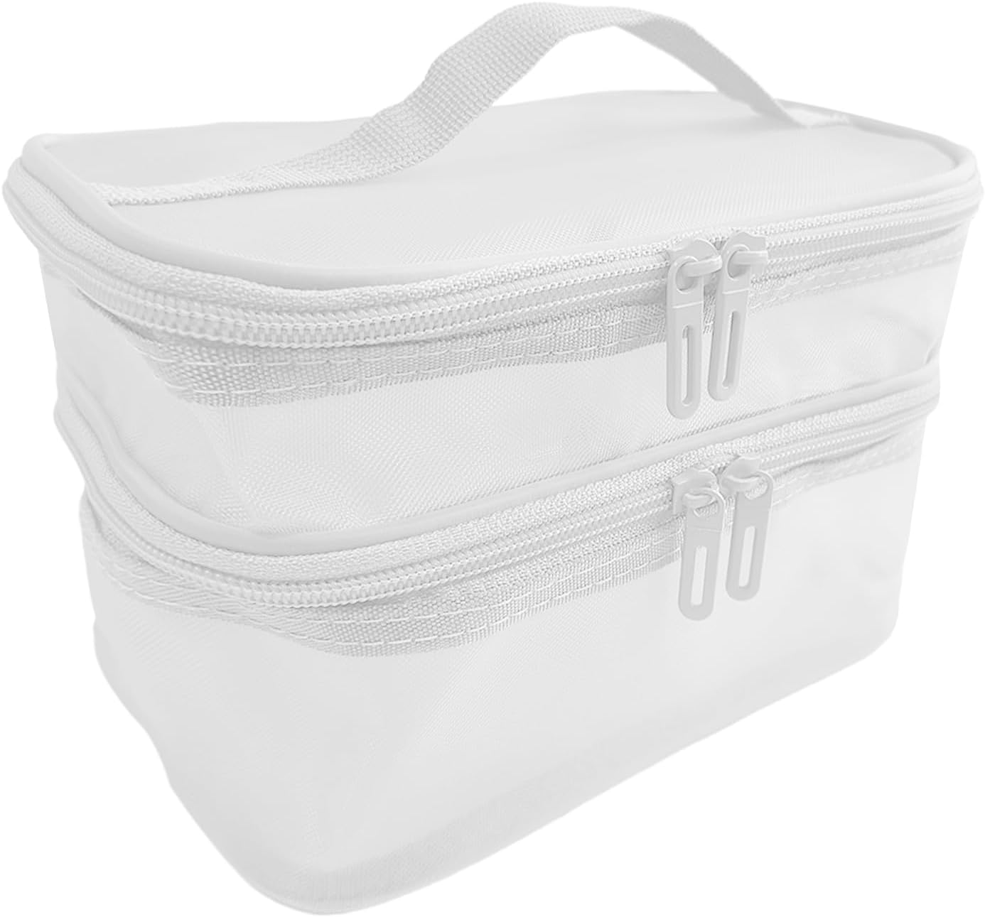 Double Layer Makeup Bag, Mesh Cosmetic Bag with Handle, Double Zipper Beauty Make up Bag, 2 Compartment Toiletries Storage Bag, Portable Travel Cosmetic Case Organizer for Women Girls, Gray