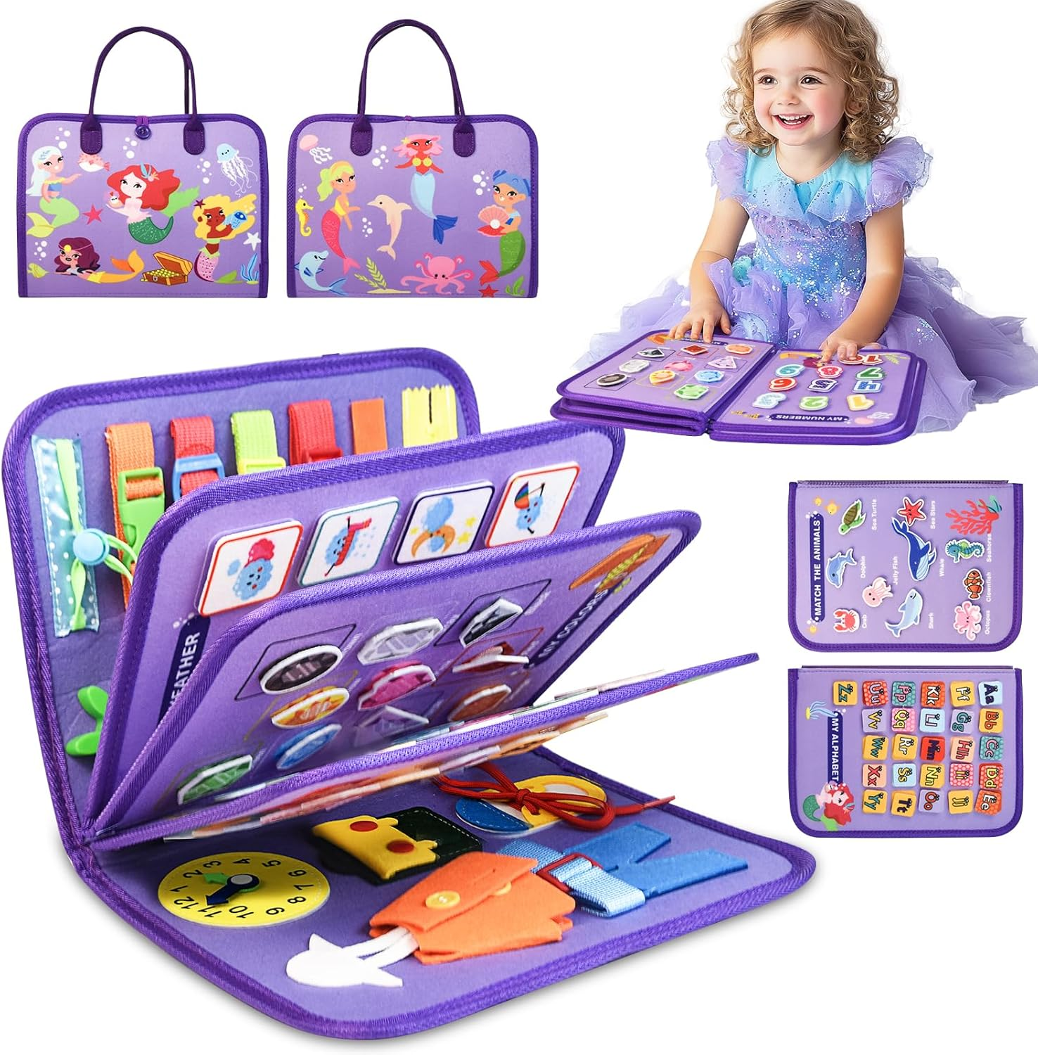 Ryzagin Toddler Busy Board Montessori Toys for Kids, Sensory Learning Toys for Fine Motor Skills, Travel Activity Book, Educational Boys & Girls, Birthday Present (Blue)