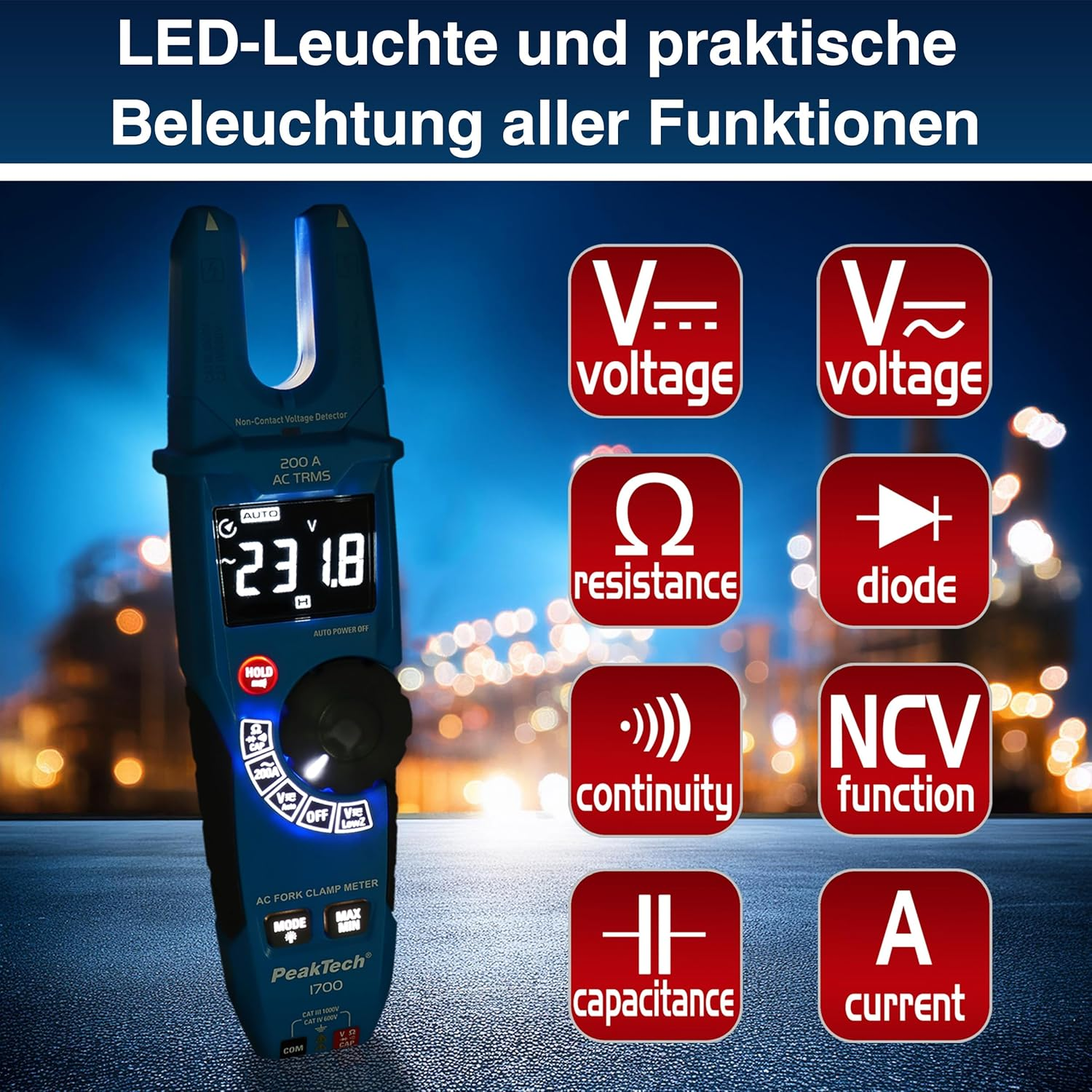 Peaktech P 1700 &ndash; True RMS Measurement Fork Clamp, 200A AC, 1000V, LCD Inverted, CAT III 1000 V, CAT IV 600 V, 6.000 Counts image number 6