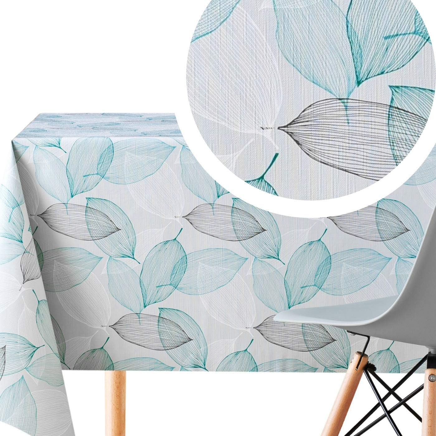 KP HOME Modern PVC Table Cloth Wipe Clean Tablecloth Grey and Teal Leaves Pattern Plastic Table Cover - Wipeable Table Cloth Rectangle PVC Table Cloth 200 X 140 Cm Botanic Leaf Design Ocean Blue image number 3