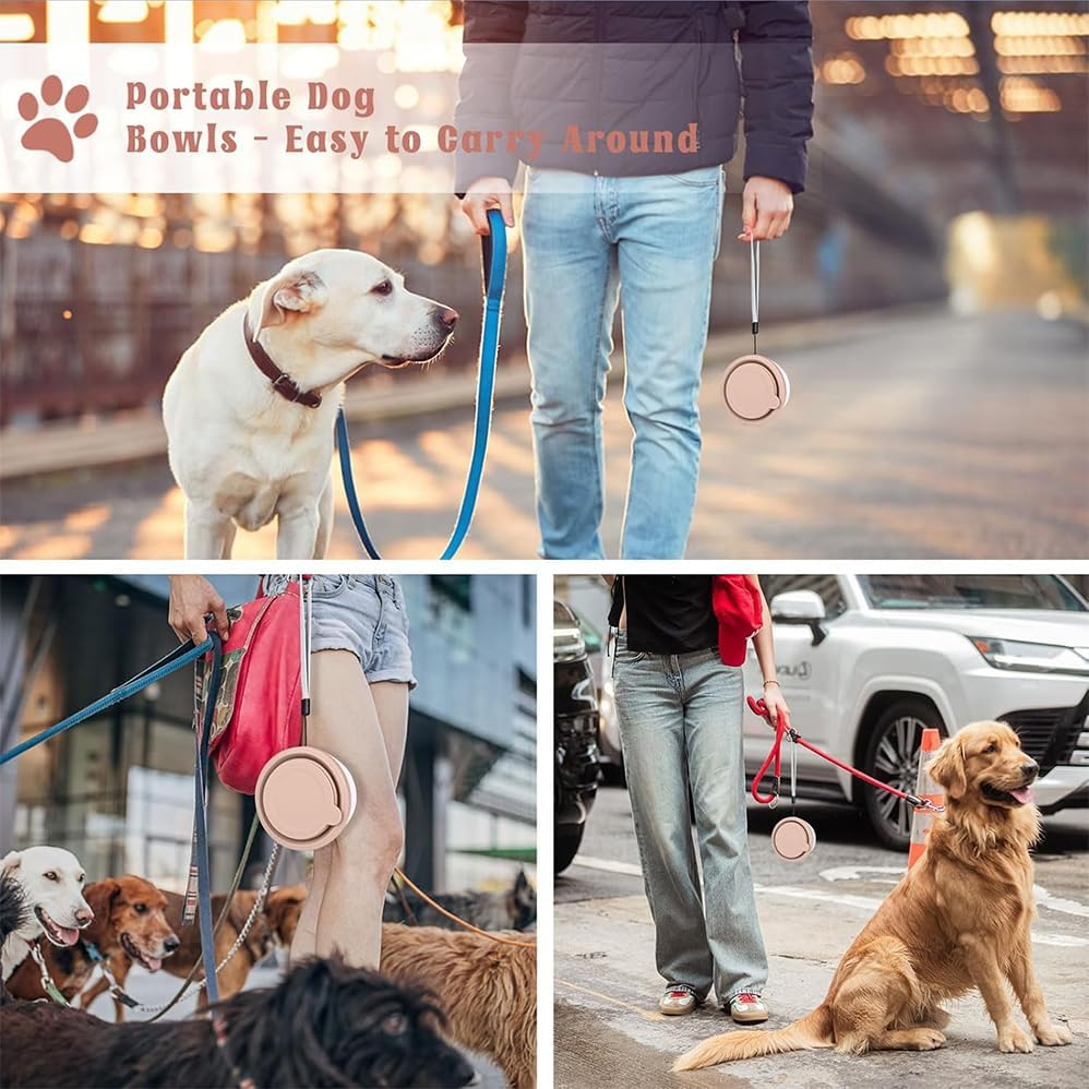 Dog Travel Bowls Collapsible 3 in 1 Design Dog Feeding Bowl Outdoor Traveling Cup Feeder Treat Container with Bowl&Dog Poop Bag Holder, Foldable Feeding Watering Dish for Walking Travel, Pink