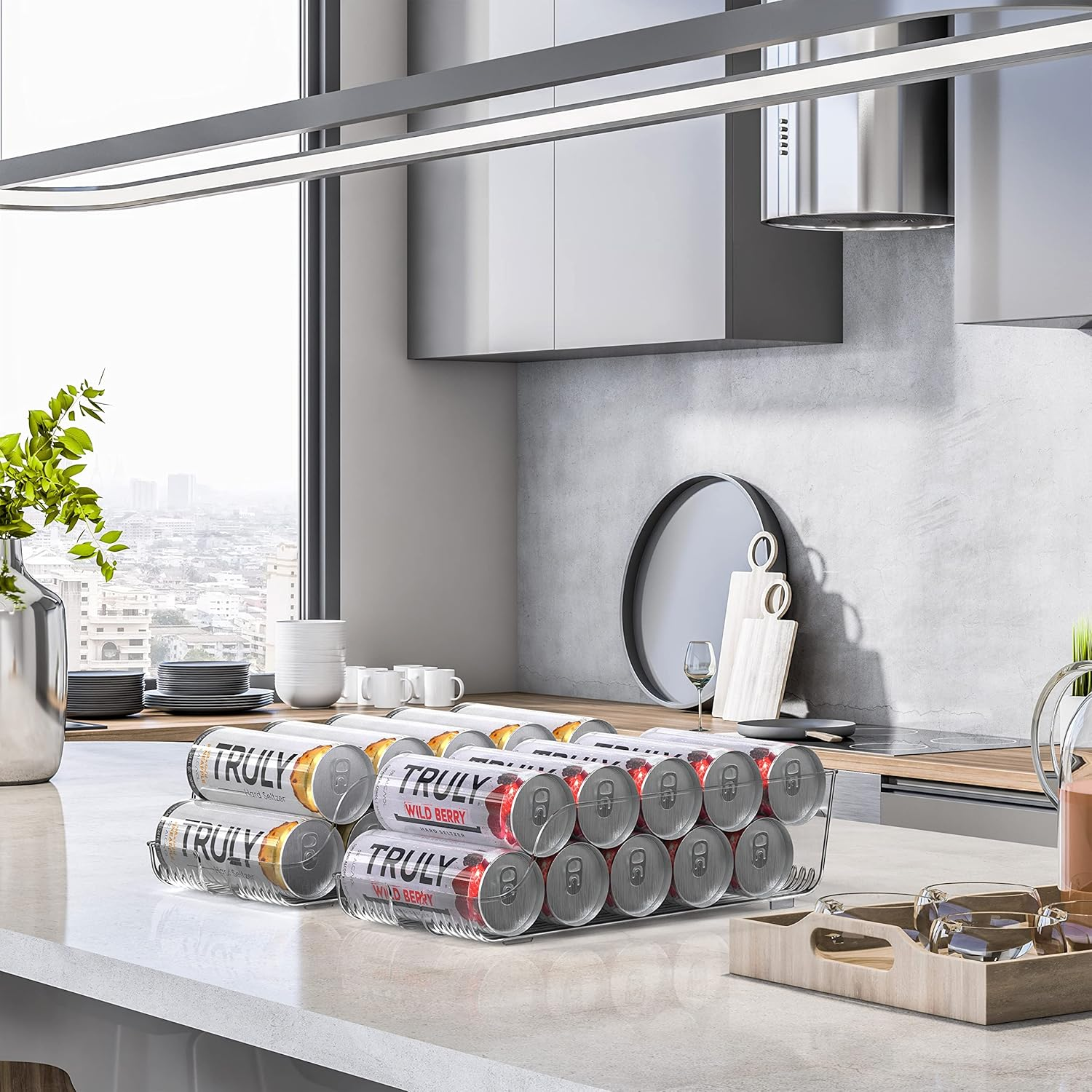 Simple Houseware Tall Skinny Can Organiser Dispenser Compatible with 500Ml / 16Oz Energy Drink for Refrigerator or Pantry, Clear, Set of 2