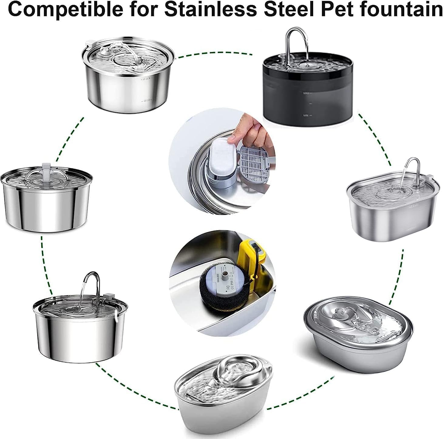 Cat Water Fountain Filters Pet Fountain Filter Replacement Filters Compatible Stainless Steel 2L/67Oz, 3.2L/108Oz Adjustable Water Flow, 8 Cat Fountain Replacement Filters with 8 Pre-Filter Sponges image number 5