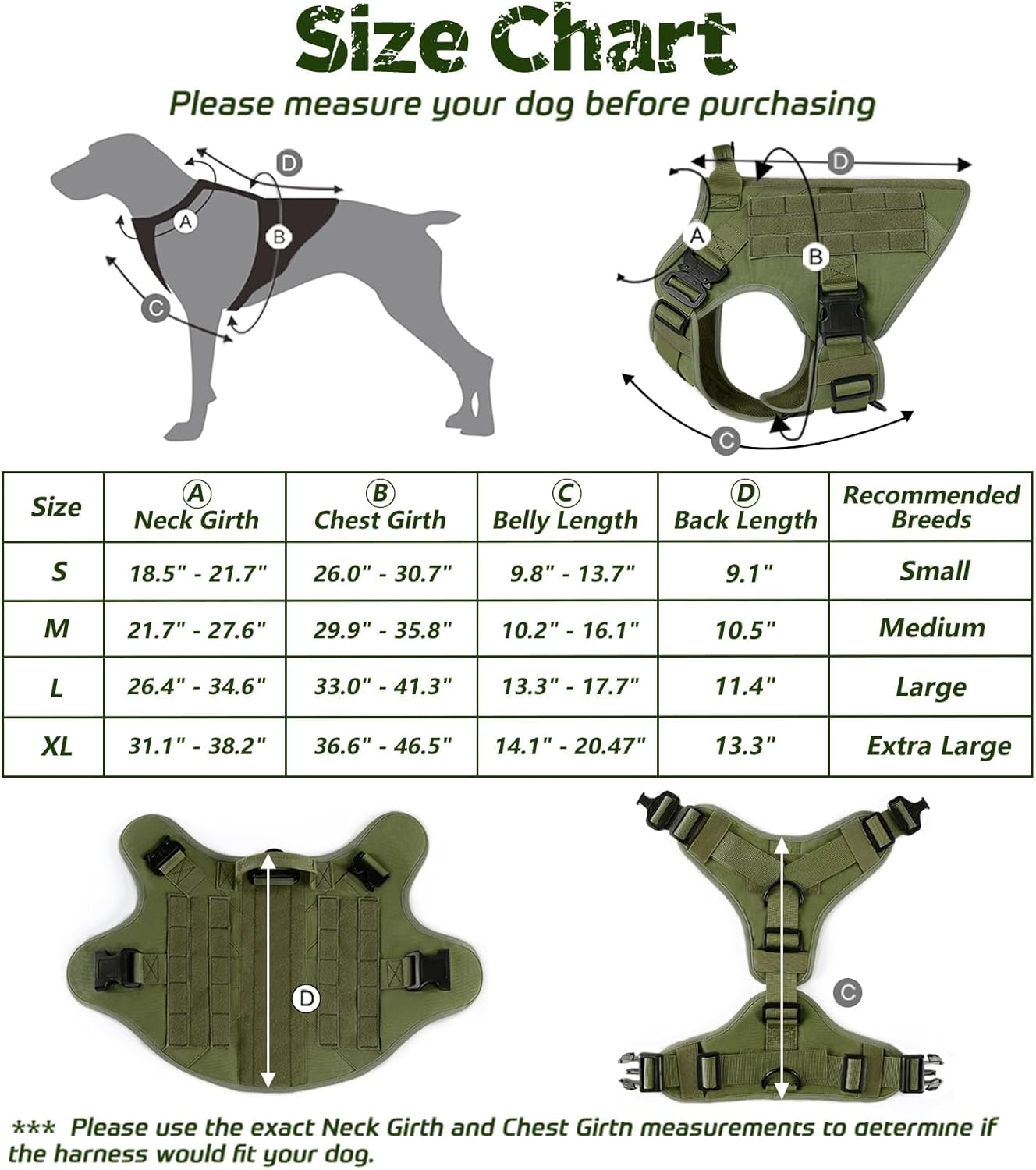 Rabbitgoo Tactical Dog Harness for Medium Dogs, Military Dog Harness with Handle, No-Pull Service Dog Vest with Molle & Loop Panels, Adjustable Dog Vest Harness for Training Hunting Walking, Green, M image number 6