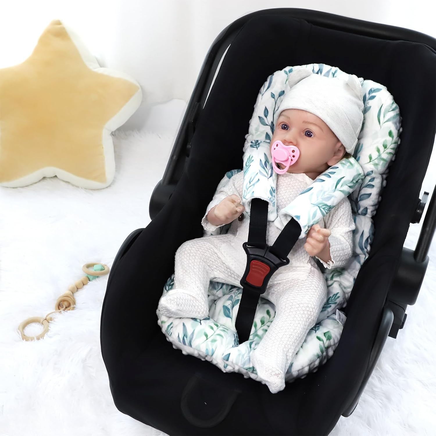 DILIMI Infant Car Seat Insert, Soft Baby Head Support with 2 Strap Paddings, Reversible Newborn Car Seat Cushion Insert for Stroller, Swing(Green Leaf)