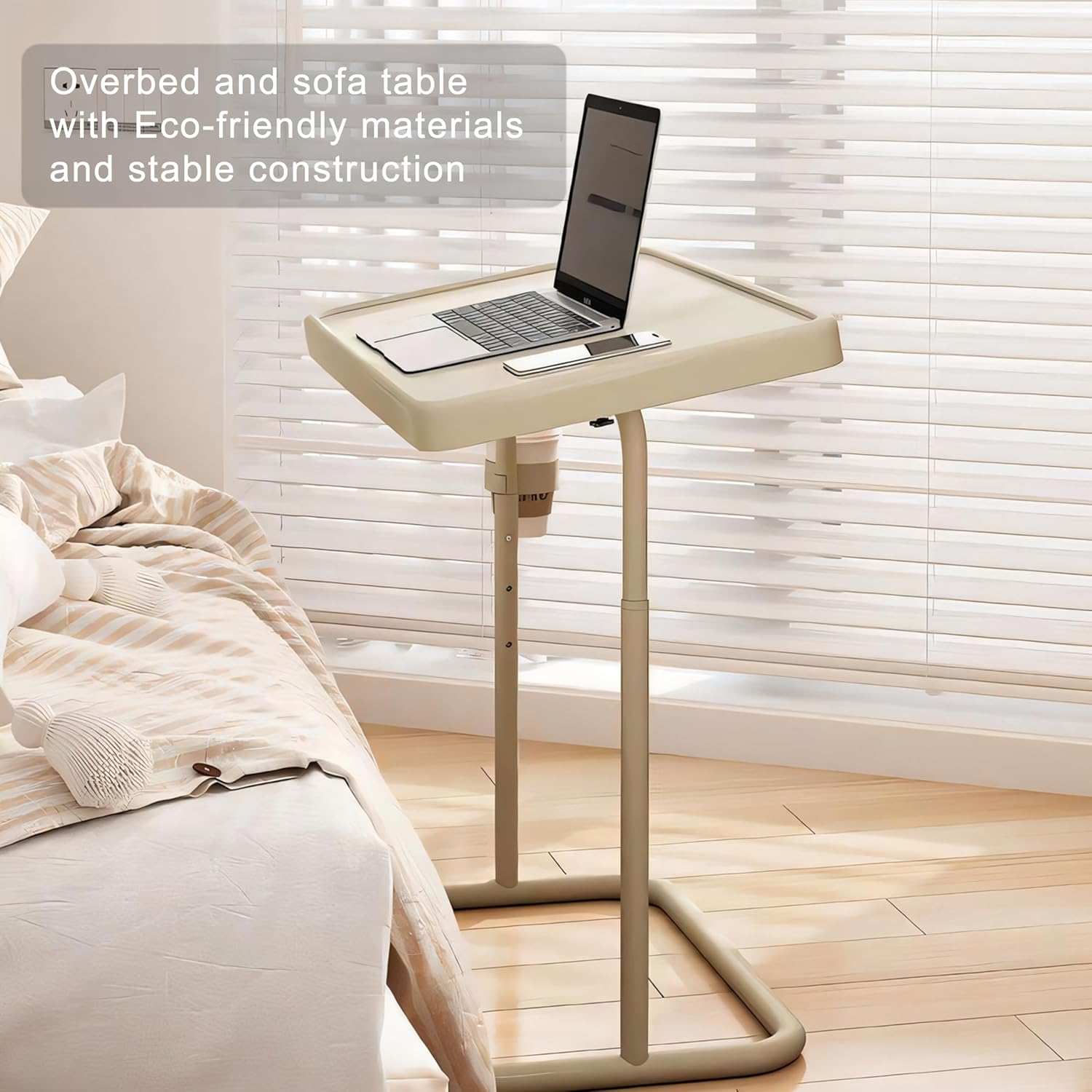 ONEIN Adjustable Laptop Table with Cup Holder &ndash; Compact Side Table, Computer Stand Table, Home Office Desk for Couch, Bed, and Small Spaces, Tilt and Height Adjustable, Sturdy Metal Frame image number 3
