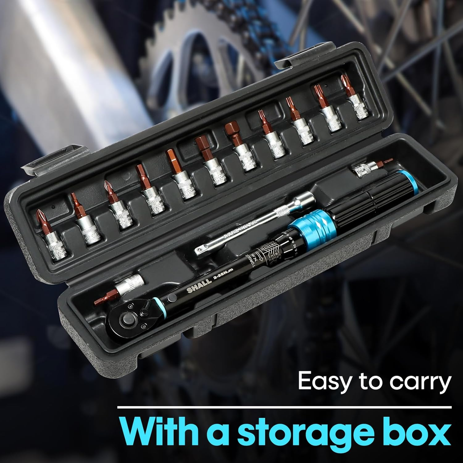 Shall 15-Piece 1/4" Torque Wrench Set, (2-25Nm) Dual Direction Adjustable 72 Tooth for Bike and Motorcycle Maintenance,With Extension Pole and Storage Box image number 4
