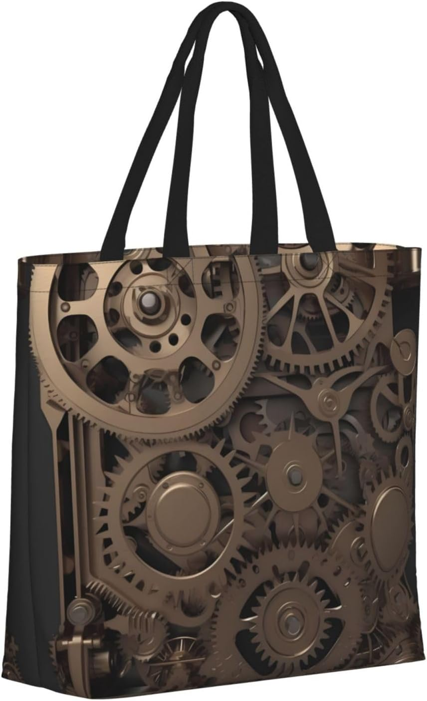 STVYUKL Steampunk Mechanical Gears Tote Bag for Women Casual Portable Shopping Handbags with Zipper Inner Pocket Reusable Waterproof Beach Grocery Bag for Shopping Travel Work, Black, One Size image number 2