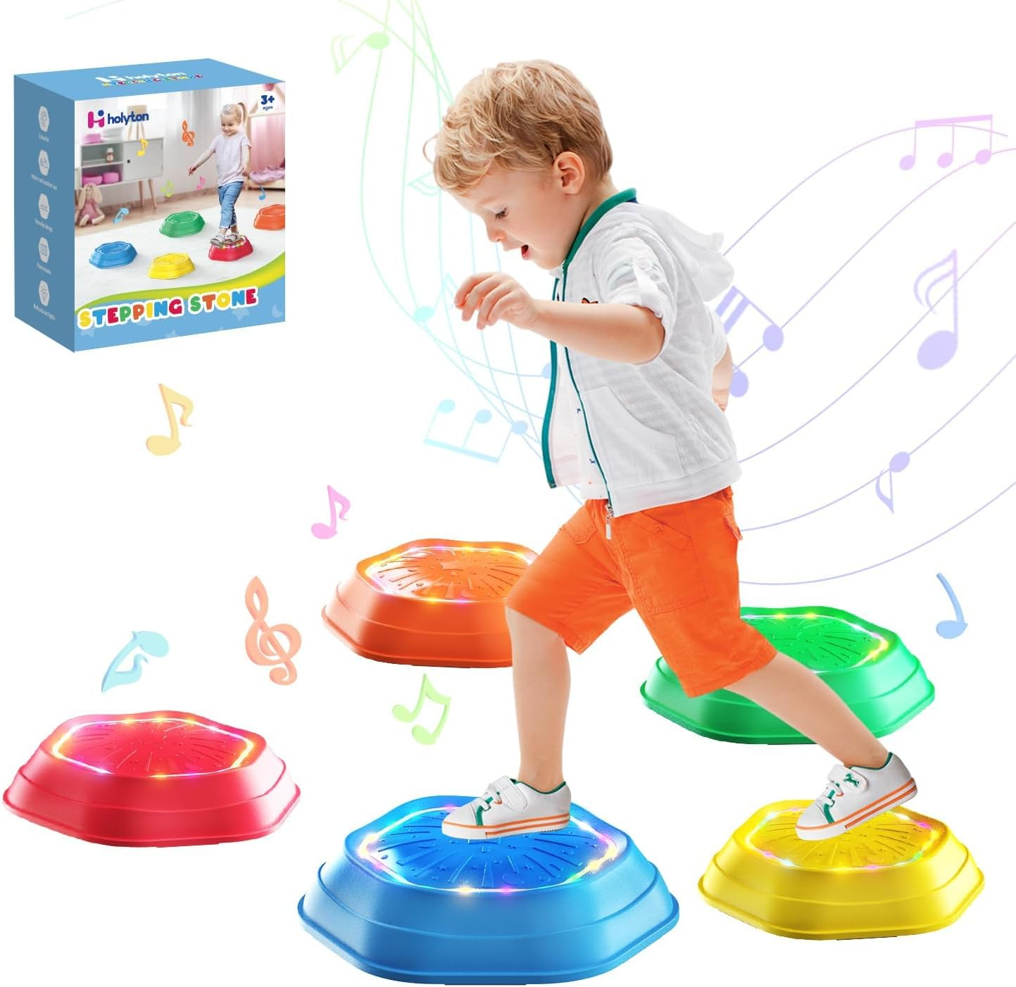 Holyton Music Light up Stepping Stones for Kids,5 Pcs Sensory Toys Balance Board,Encourage Toddler Balance Stones,Toddler Toys for Ages 3 4 5 6 Years Old,Indoor & Outdoor Play