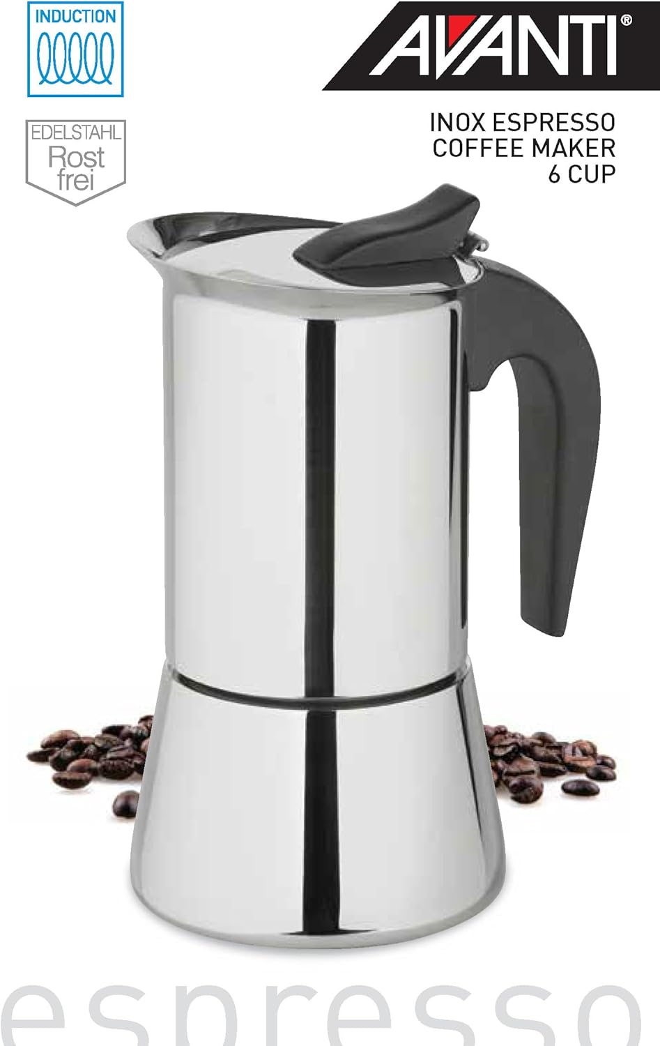 Avanti INOX Espresso Stainless Steel Stovetop Coffee Maker, 300 Ml / 6 Cup