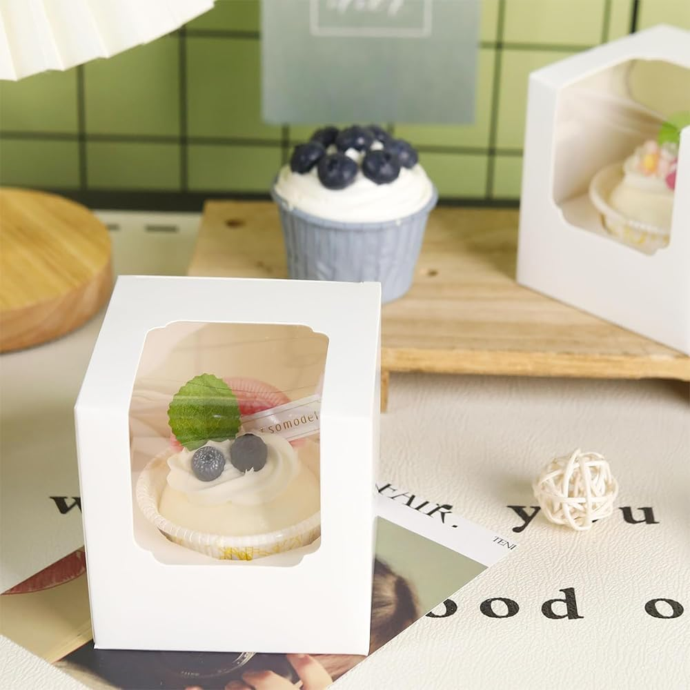 50 Pcs White Cupcake Boxes, Translucent Paper Cupcake Boxes, Cupcake Boxes with Window, Small Dessert Box with Inner Tray, Individual Cupcake Containers, for Wedding, Birthday Party Etc image number 3