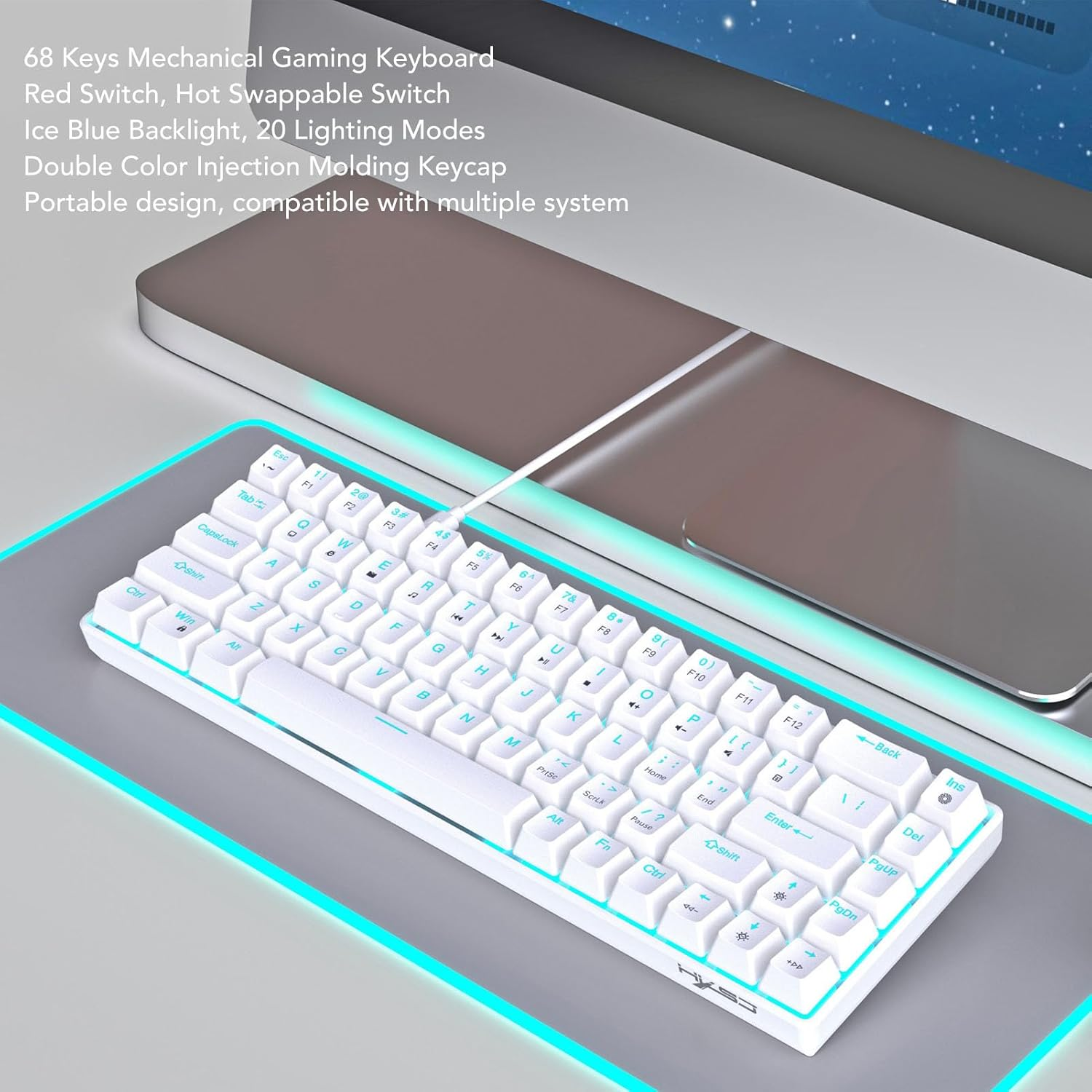 60% Gaming Mechanical Keyboard, 68 Keys Compact Keyboard with Red Switches, RGB LED Backlit Mechanical Keyboard for Laptop Tablet PC image number 1