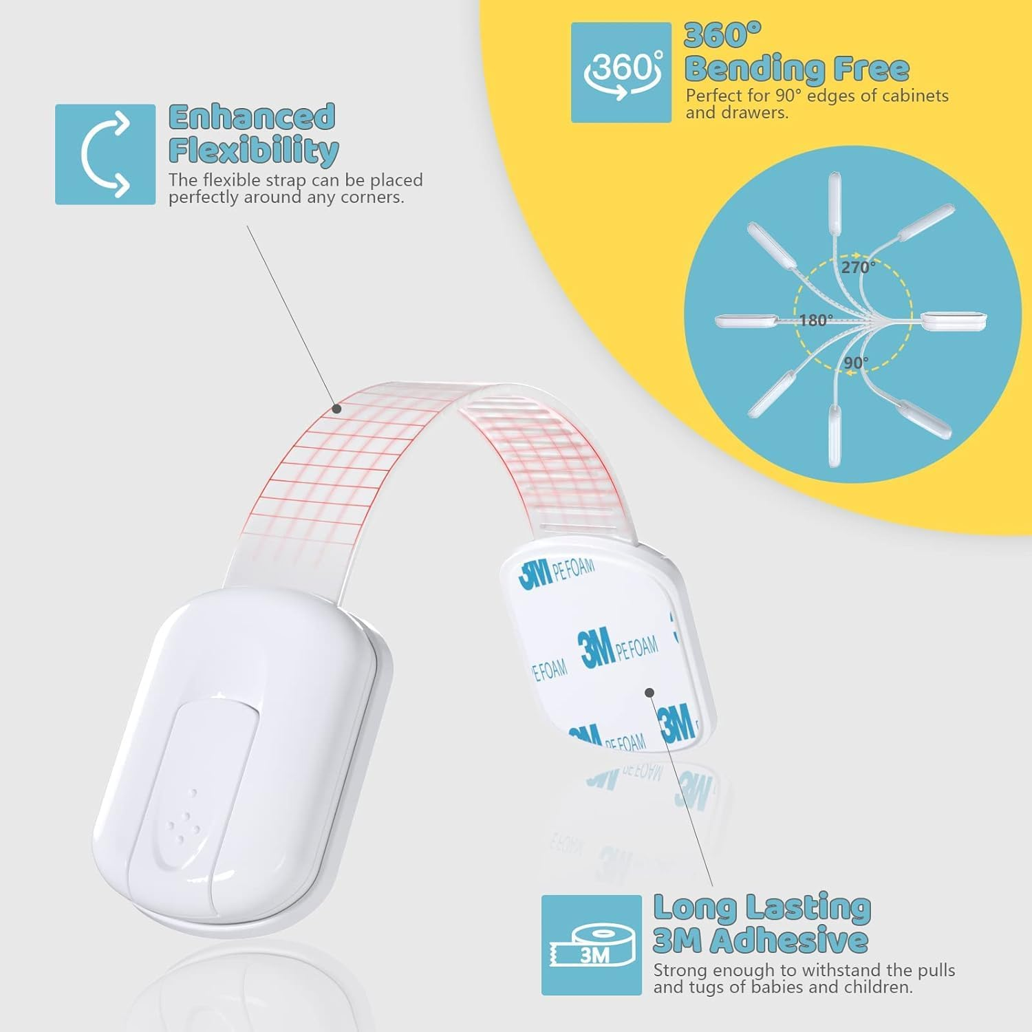 10-Pack Baby Proof Cabinet Locks, Adjustable Child Safety Locks for Drawers & Cabinets, No Tools Installation with 3M Adhesive Tape, Baby Proofing Essentials image number 2