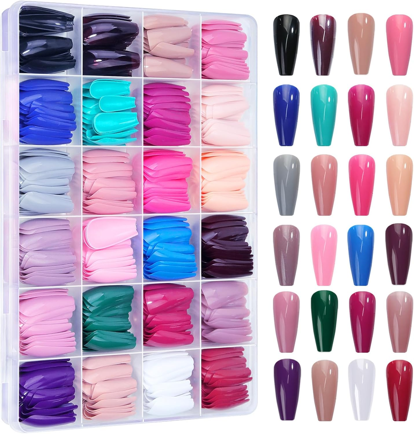 YAKESD 576Pcs Long Press on Nails, 24 Colors Full Cover Coffin Fake Nails, Artificial Nail Stick on Nail for Women Manicure image number 1