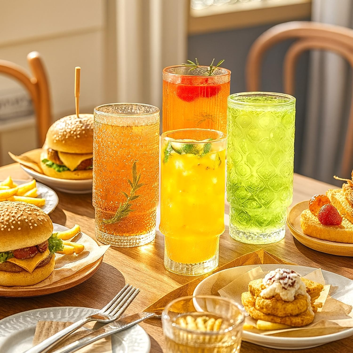 Vintage Drinking Glasses Set of 4, Overnight Oats Containers with Bamboo Lidset and Reusable Straw, 11Oz Iced Coffee Cup Mugs Glassware with Bottle Brush for Iced Americano Cereal Yogurt Milk Beverage image number 6