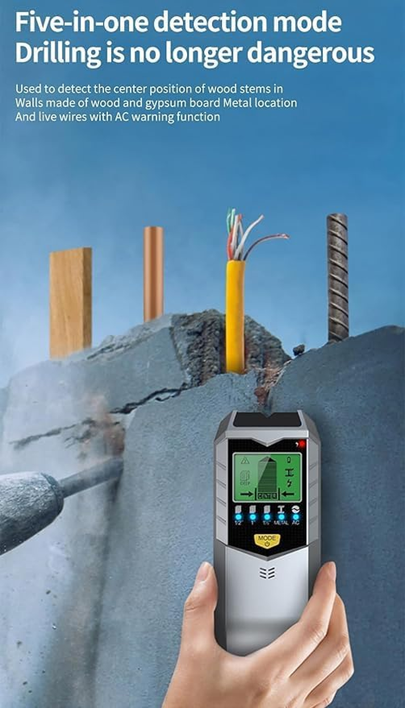 Detector, 5-In-1 Wall Scanner Detector with LCD Display and Acoustic Alarm, Multifunctional Stud Finder for Locating Metal Pipes Wooden Beams, Power Lines image number 5