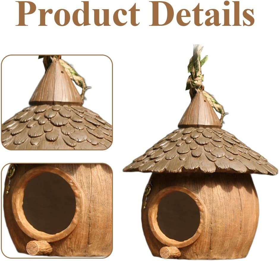 Hanging Birdhouse,Outdoor Hanging Resin Birds House, Small Nesting Box, Finches Rest Nest, Coconut Shape Garden Decor, with Rope, for Balcony, Tree, Courtyard image number 4