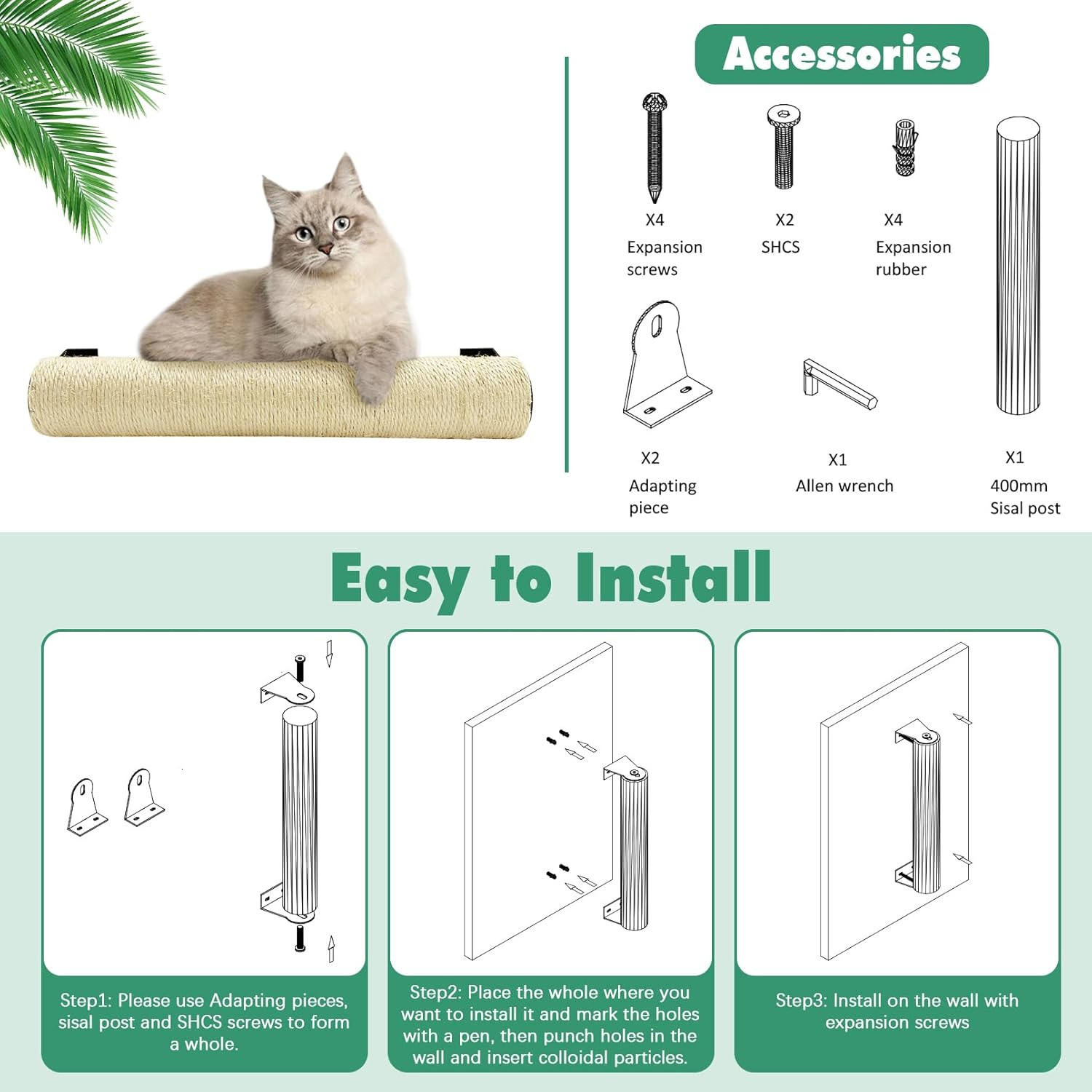 Apatal Wall Mounted Scratching Post for Cats 16 Inches Sisal Rope Cat Wall Scratcher Posts Wall Mount Cat Furniture for Indoor Kittty to Scratch and Climbing with Feather Toys image number 1