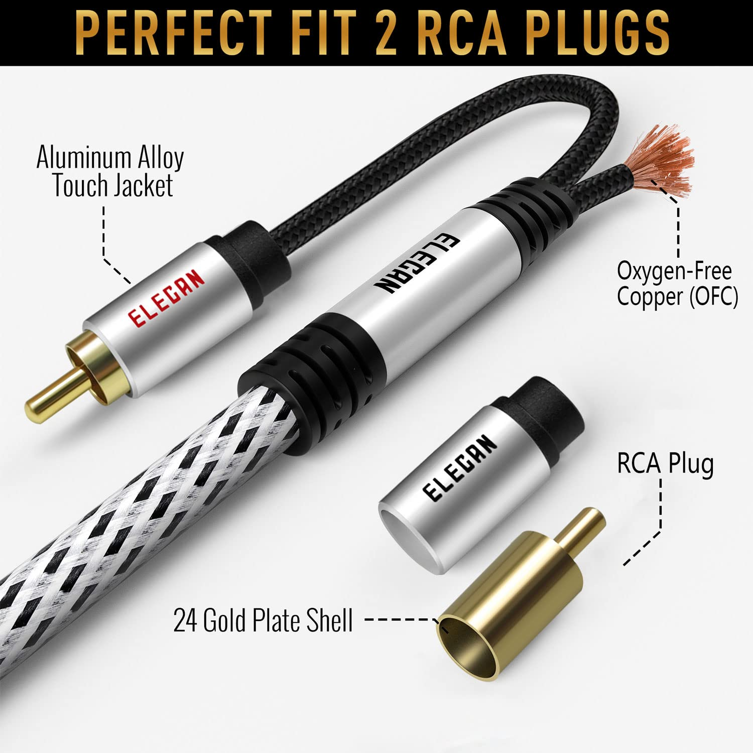 Elecan Premium RCA Cable 4 Ft (Hi-Fi Sound-16 Awg-Shielded) 2 RCA Male to 2 RCA Male Stereo Audio Cable, Gold Plated-Aluminum Alloy Shell-Pure Copper-Braided RCA Cord for Home Theater Speakers + Ties