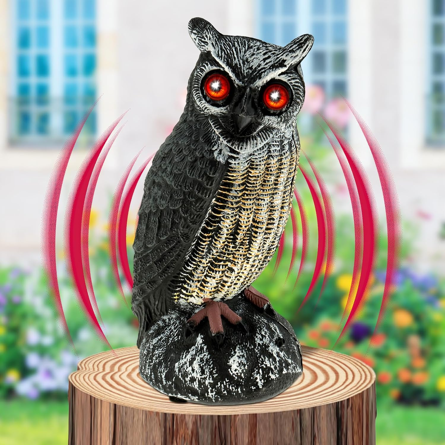 Owl Decoy to Scare Birds Away, Solar Powered Fake Owl Scarecrow Plastic Owls Waterproof Owl Statue with Flashing Eyes & Scary Sound Bird Deterrents for outside Garden Yard Patio (Black)