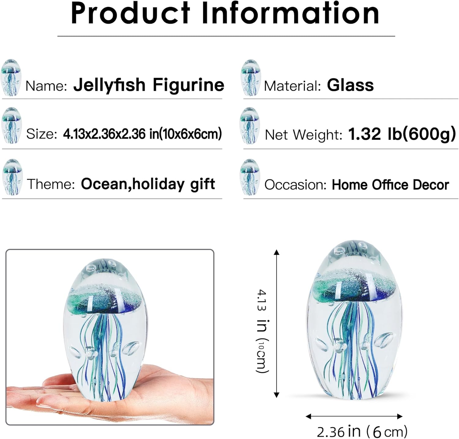 EUSTUMA Hand Blown Glass Jellyfish Figurine Ornament,Sea Animal Ornament for Fish Tank Aquarium,Sea Animals Collection for Birthday Gift,Glass Paperweight - Blue image number 6