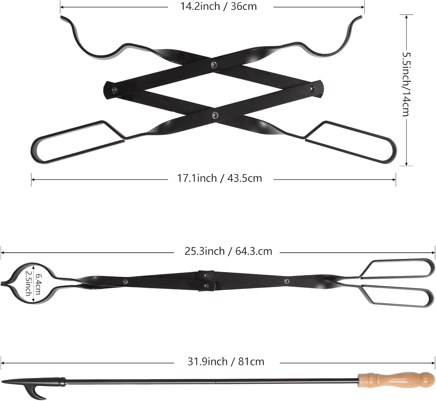 Fireplace Tools Set 26&rdquo; Tongs & 32&rdquo; Poker Foldable Log Grabber & Firewood Hook for Firepit Outdoor/Indoor Camping Grill BBQ by Zoloti image number 3