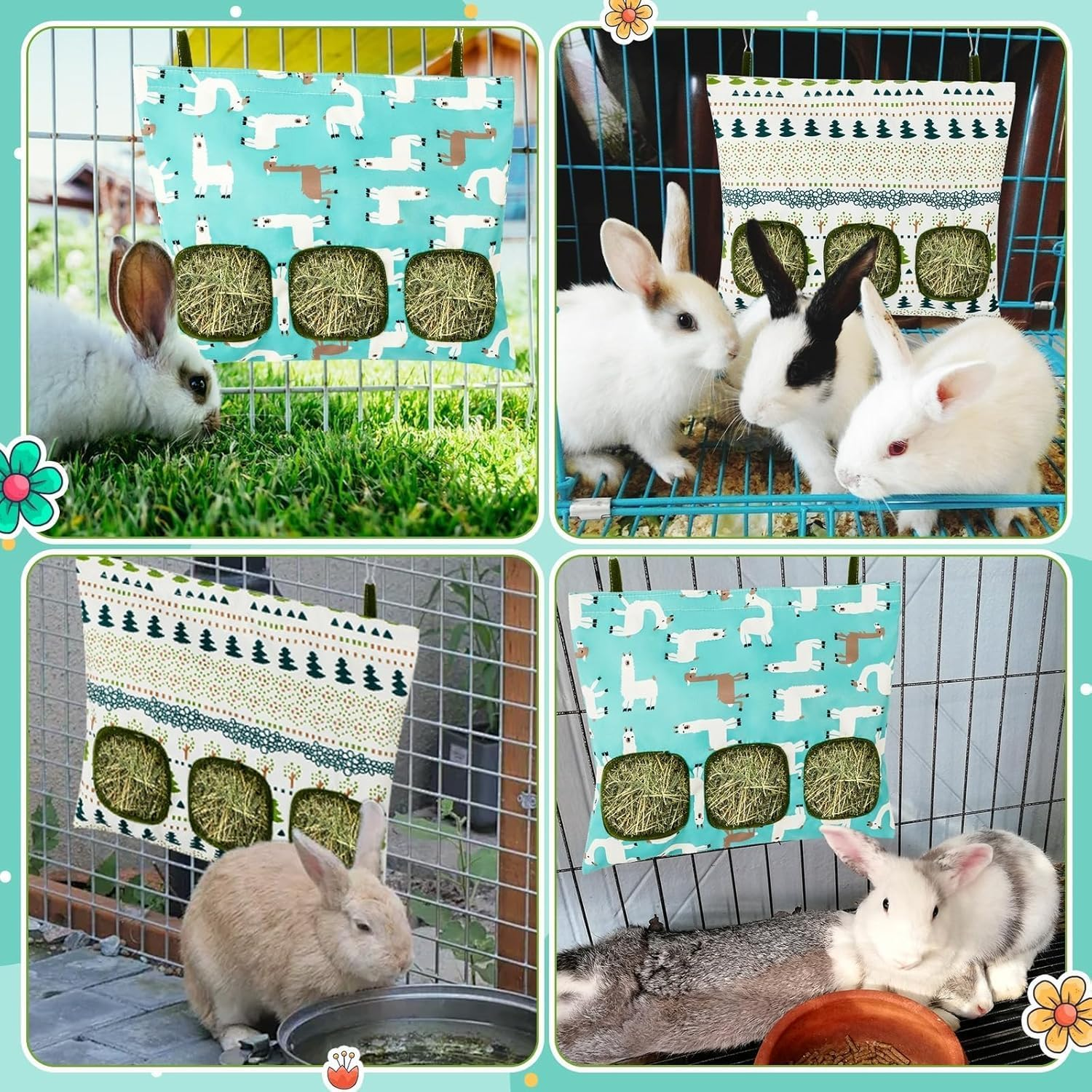 2 Pcs Rabbit Hay Feeder Bag, Small Animal Hay Feeder Holder with 3 Pockets, Guinea Pig Hay Feeder,Hay Dispenser Storage Manger for Rabbit Guinea Pig Hamsters Chinchilla Small Pets image number 3