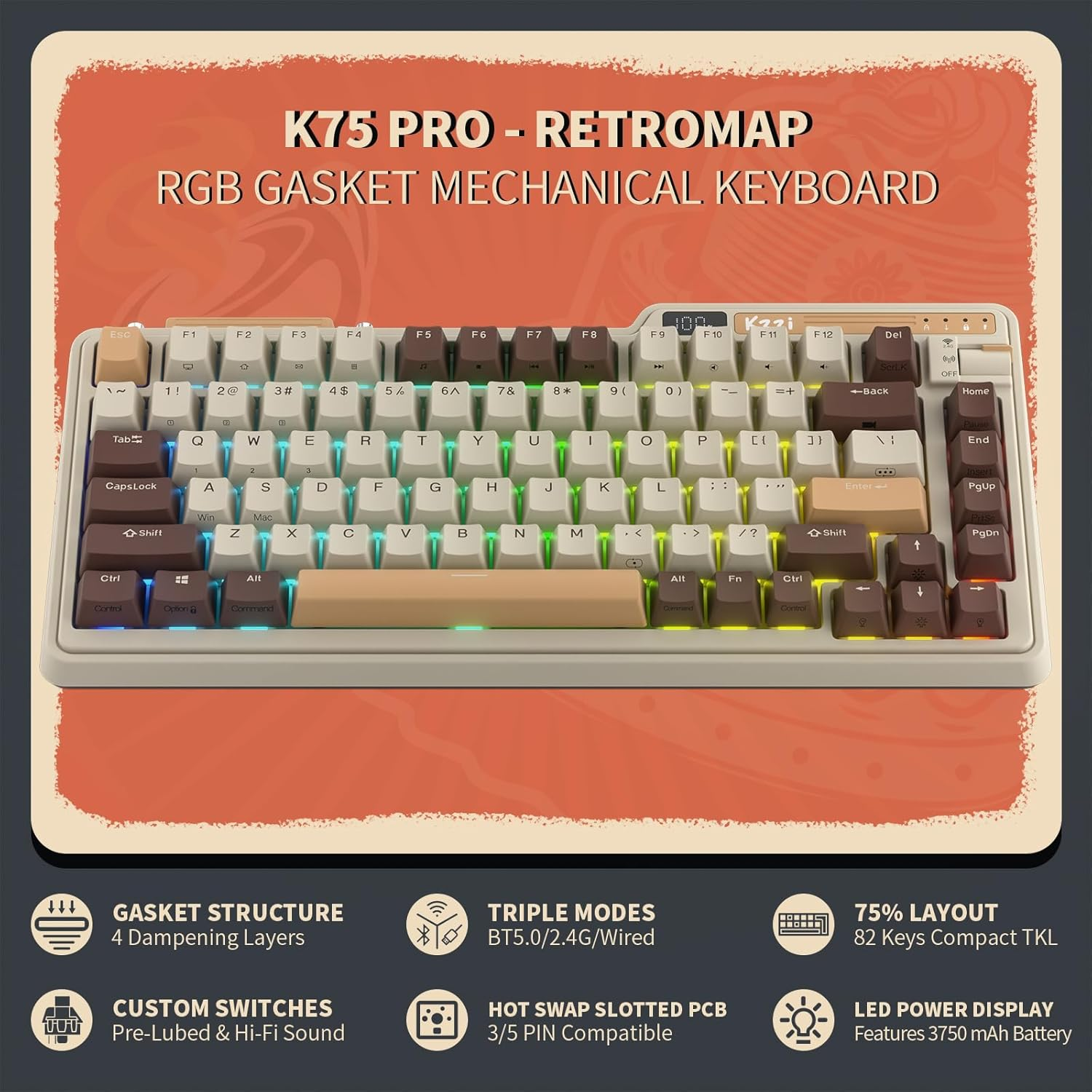 KZZI K75 PRO RGB 75% Wireless Gasket Mechanical Keyboard, Triple Mode BT 5.0/2.4G/USB-C 82 Keys Hot Swappable Gaming Keyboard W/Knob & Power Display, Custom Tactile Switches, Brown image number 4