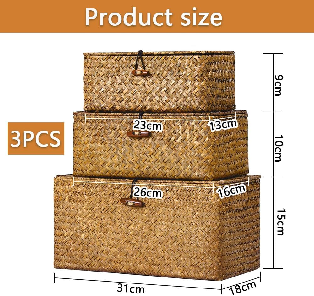 Set of 3 Woven Seagrass Storage Baskets with Lids &ndash; Decorative Rectangular Bins for Shelf, Closet, Pantry & Home Organization &ndash; Natural Wicker Boho Style Organizer image number 2