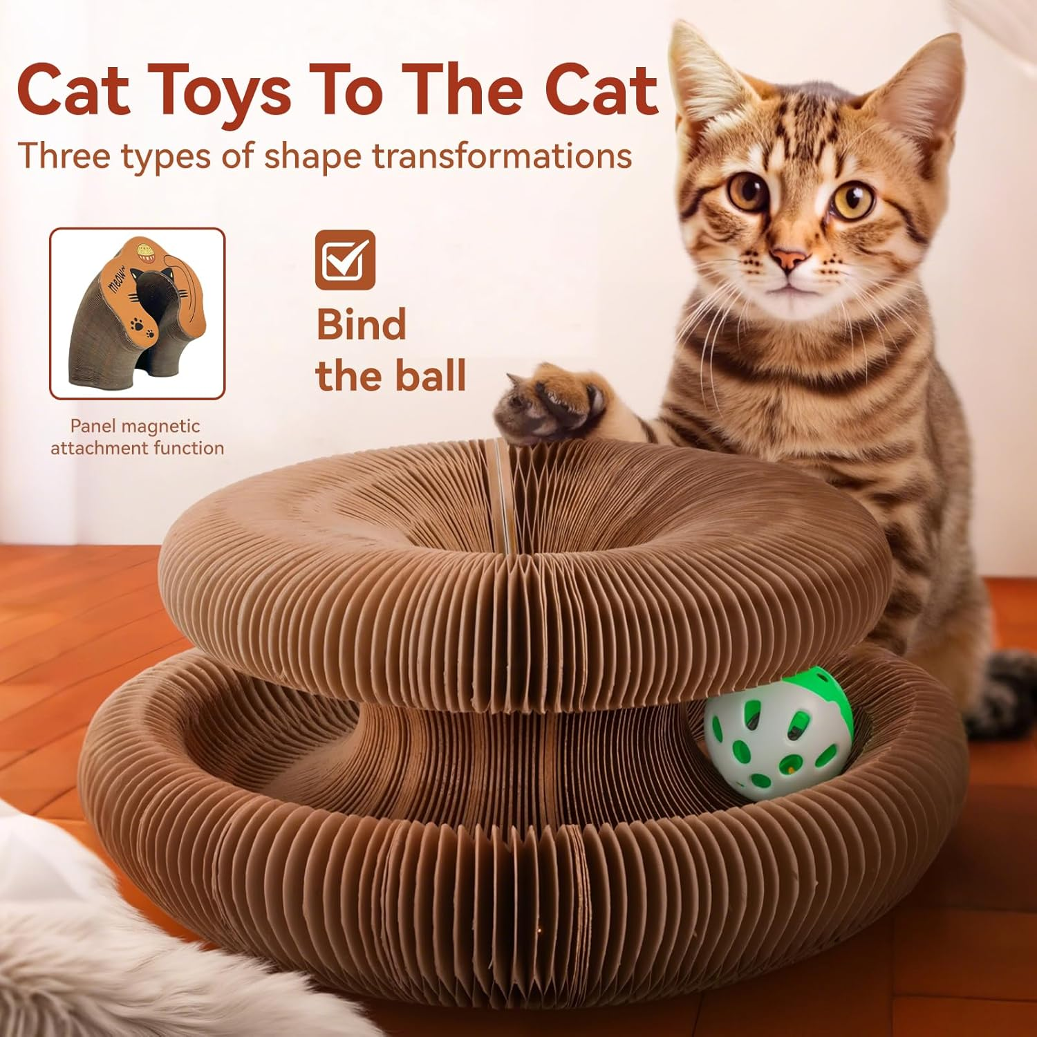 LOVELEDI Cat Scratcher Toy - Kitty Kurlz Cat Scratching Board Toy with a Cat Ball Adventure, Foldable Scratch Pad Cat Accordion Toy for Mental Physical Exercise, Fun Interactive Indoor Cat Toys image number 2