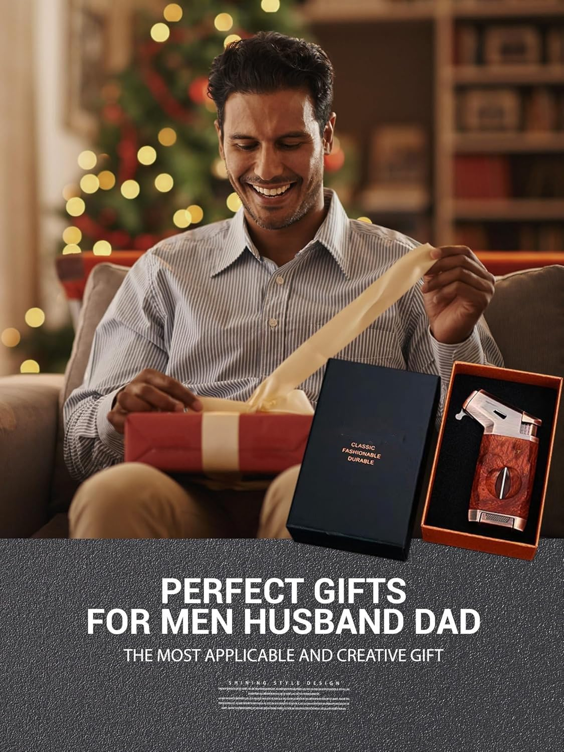 Butane Torch Lighter with V Cutter,Adjustable Cigar Torch Refillable Lighter Butane Double Jet Flame,Windproof Lighter,Adjustable Refillable Butane Lighter Gifts for Men(No Gas) (Brown) image number 2