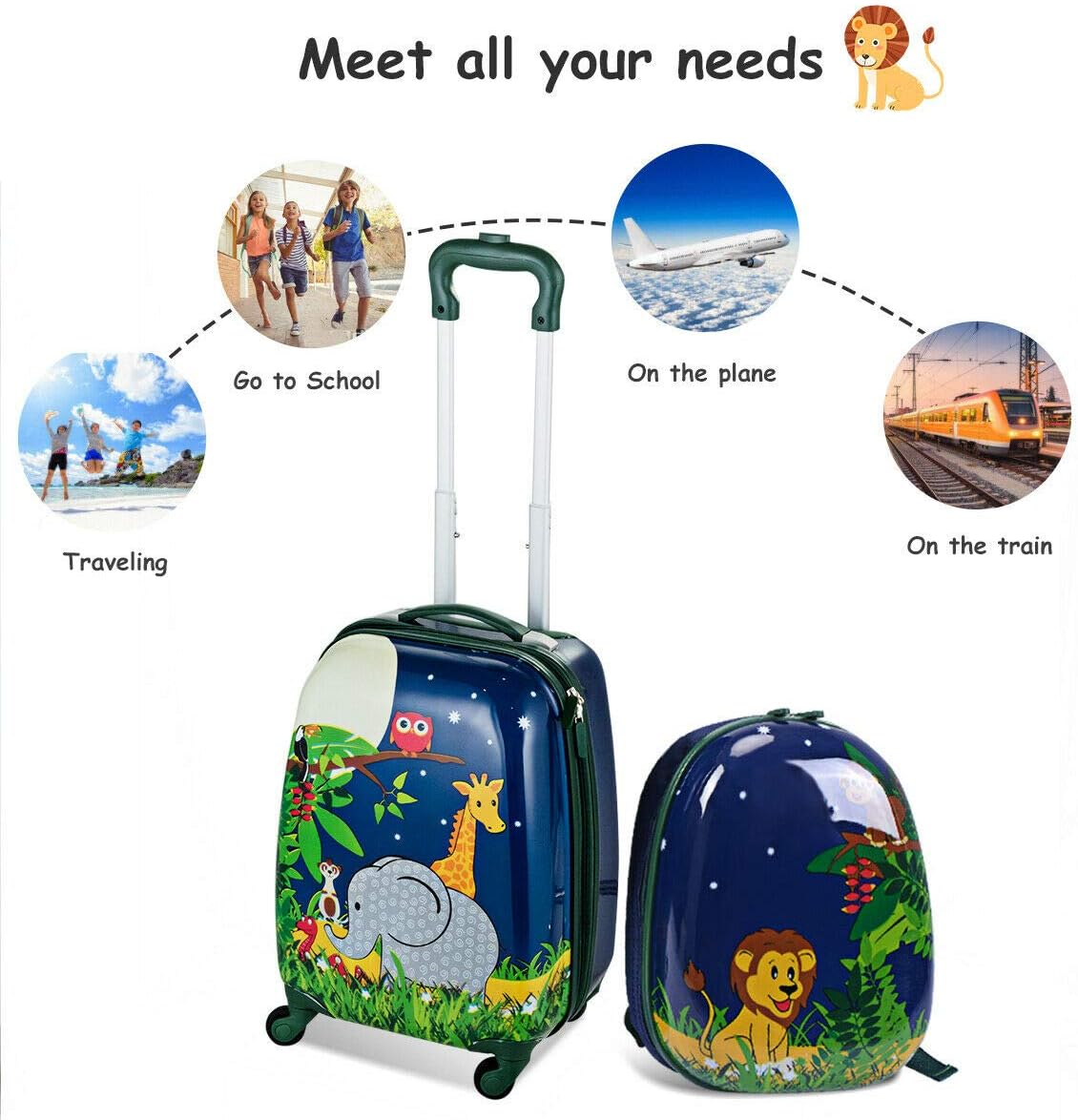 2PCS Kids Luggage Set Carry on with Spinner Wheels & Cute Elephant and Lion Pattern, Adjustable Trolley Rod Height & Backpack Shoulder Strap, Kids Luggage Set Made of ABS, Polycarbonate & Nylon Material image number 1