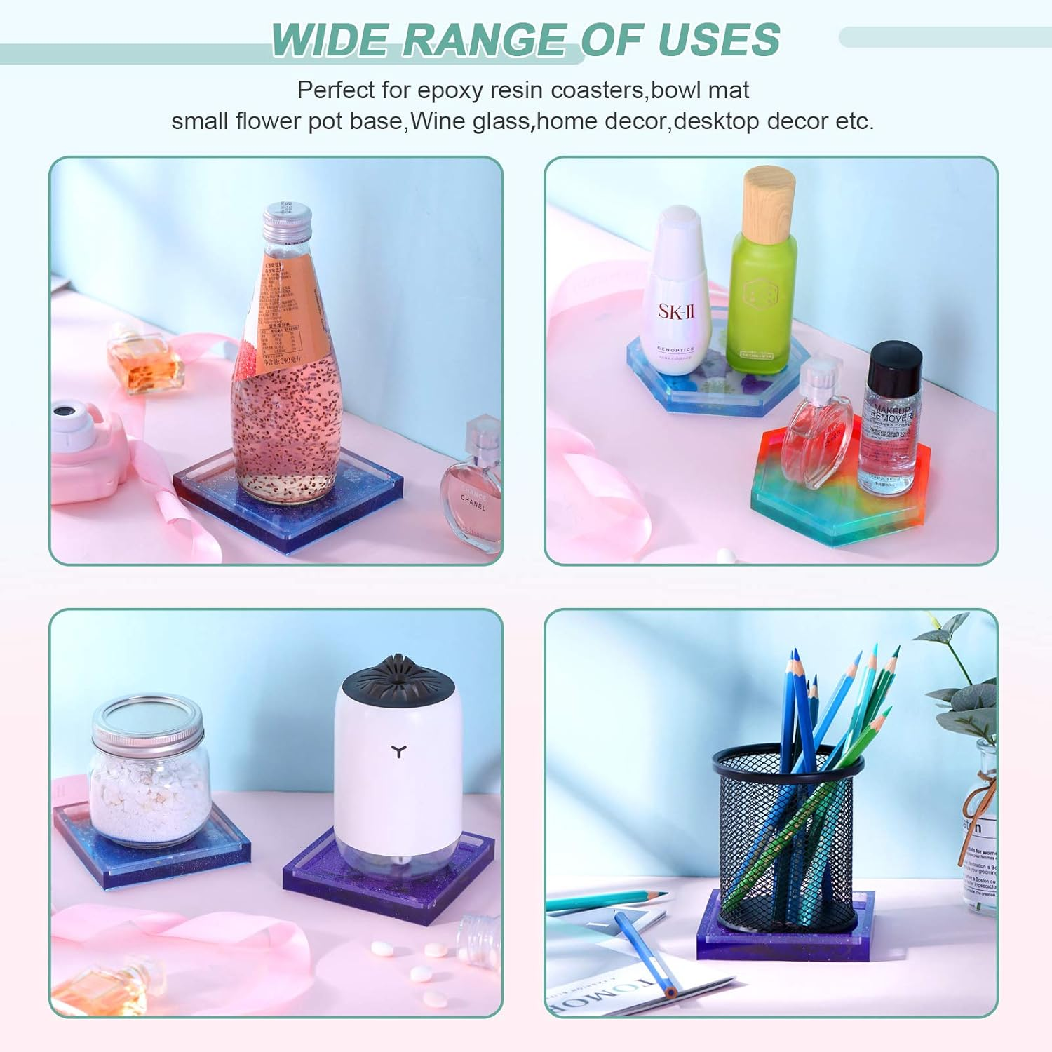 8Pcs Coaster Molds for Resin Casting, Resin Coaster Molds Including 4 Square and 4 Hexagon Epoxy Silicone Molds, Great for Making Coasters image number 4