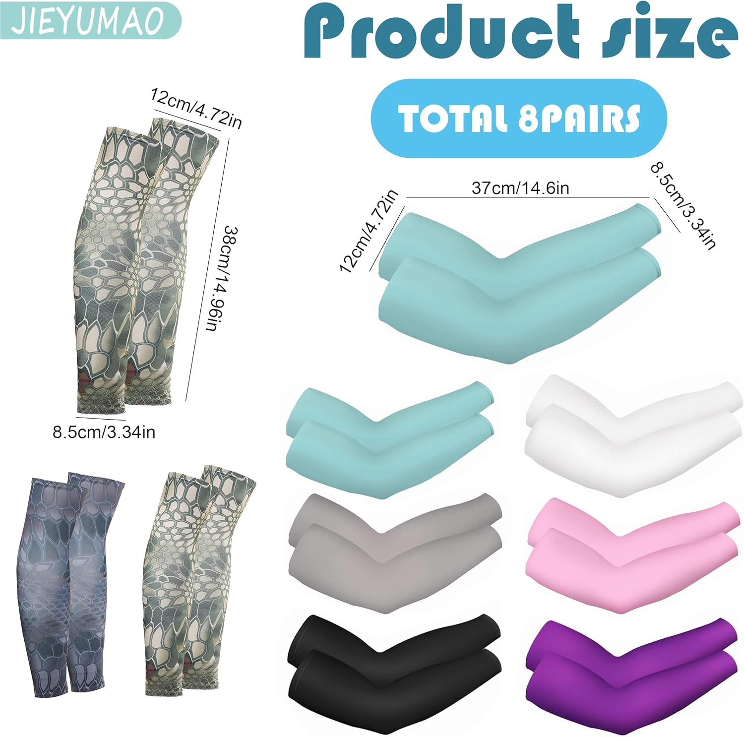 JIEYUMAO Cooling Arm Sleeves, 8 Pairs UV Protection Cooling Arm Sleeves, 8 Styles UV Protection Arm Warmers for Women Men, Sun Protection Compression Arm Sleeves for Cycling Fishing image number 4