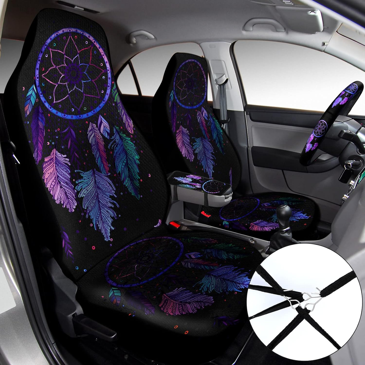 Tallew 10 Pcs Dream Design Car Seat Covers Full Set, Front Cover, Steering Wheel Belt Pads, Center Console Armrest Cup Holder Coasters, Keychain, Key Ring for Truck SUV image number 1