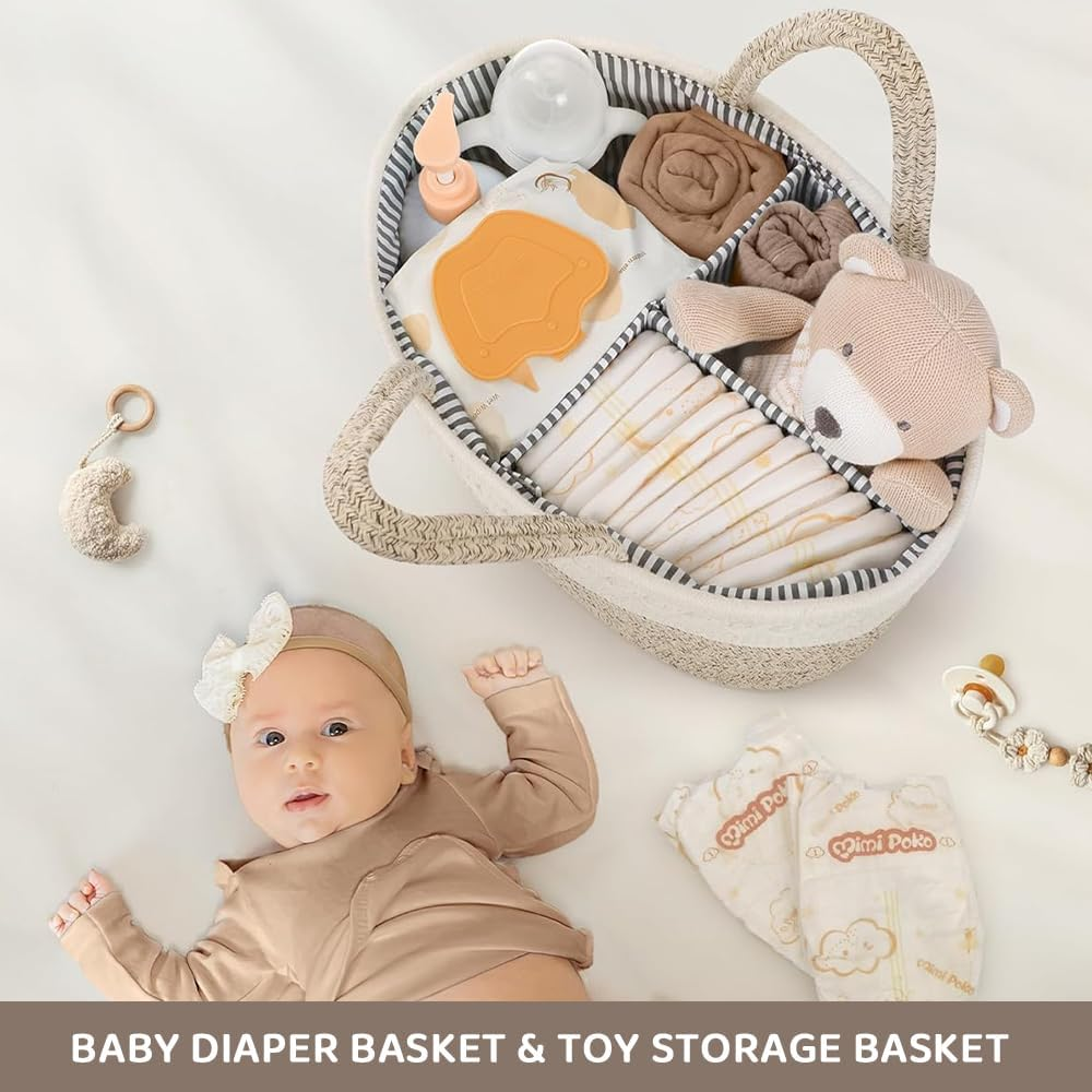 Baby Diaper Caddy Organizer, Foldable Cotton Rope Nursery Storage Basket, Portable Diaper & Wipes Holder for Changing Table, Car, Newborn Essentials image number 4