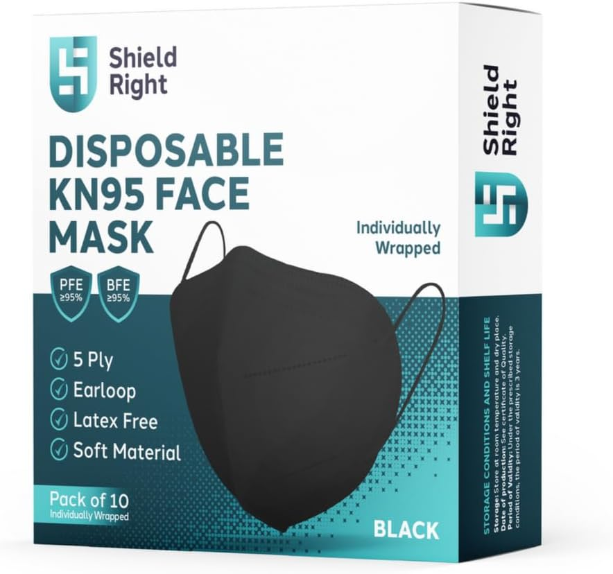 Shield Right KN95 Face Masks 10 Pack &ndash; Individually Wrapped 5-Ply Disposable Masks | N95 P2 Equivalent | Black or White | Comfortable, Breathable, Latex-Free image number 3