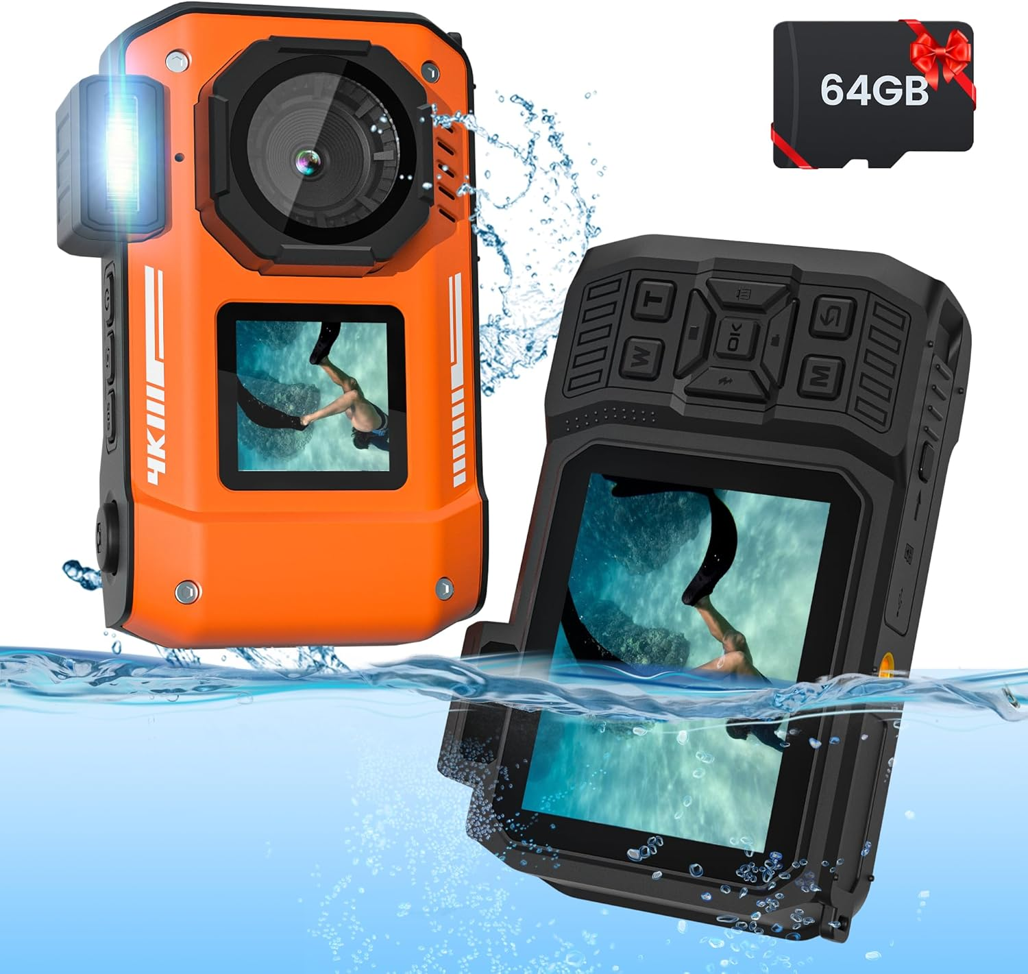 4K 33FT Digital Camera 48MP Underwater Camera Waterproof Camera Rugged Dustproof Shockproof,With 64GB Card Autofocus Selfie Dual-Screen Camera Snorkeling Zoom Point and Shoot Camera Type-C-Orange image number 2
