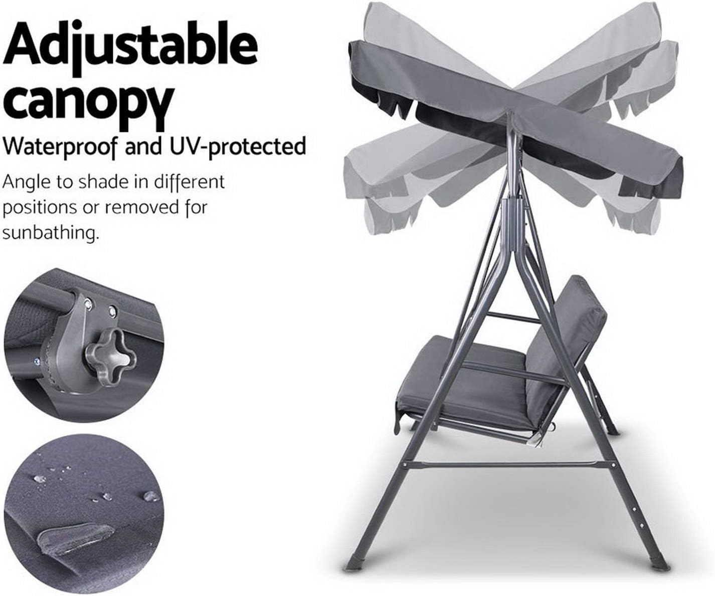 Gardeon Outdoor Swing Chair 3 Seater Grey Garden Bench Hanging Seat, Patio Baconly Furniture Chairs, with Adjustable Canopy Cushions Stand Water Resistant 200Kg Capacity - Beige image number 7