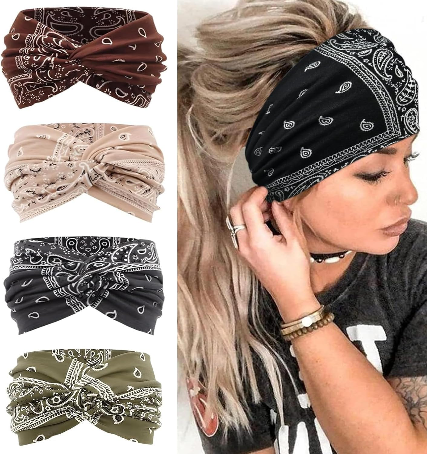 Women'S Hair Bands, Pack of 4, Boho Hair Bands, 22 X 10 Cm, Cotton, Soft Headscarves for Yoga, Sports and Summer (Grey, Brown, Beige, Green) image number 2