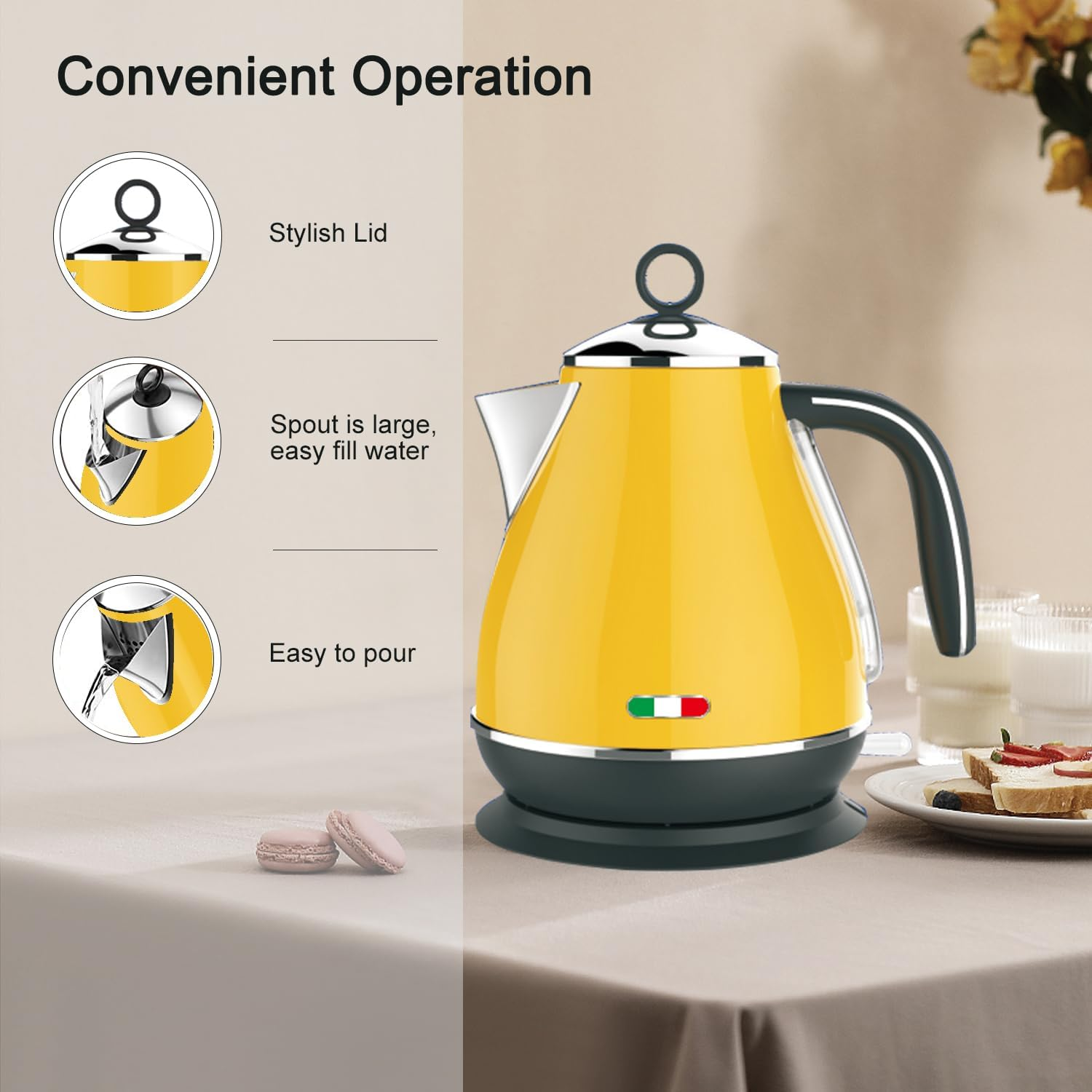 Vintage Electric Kettle Yellow 1.7L Stainless Steel Auto off 2200W image number 1