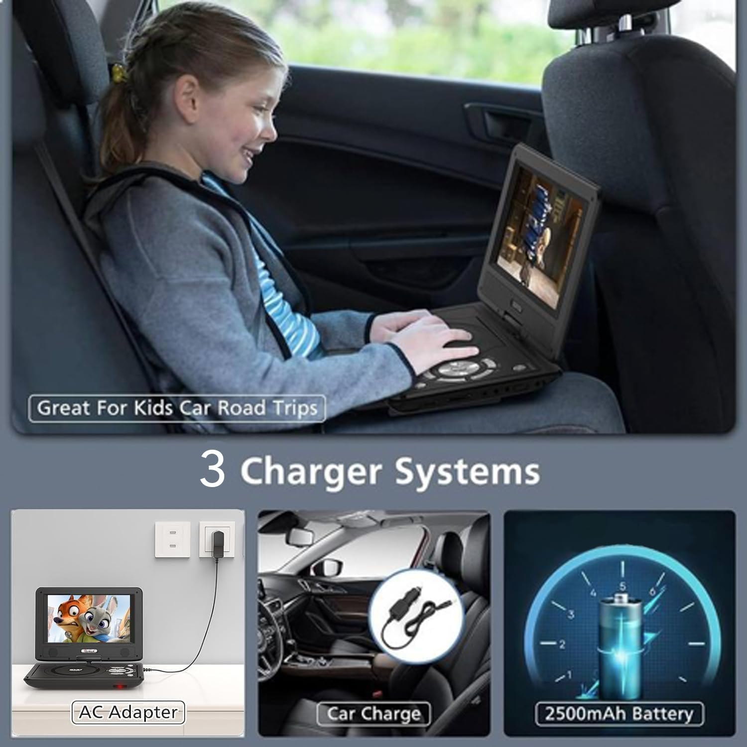 MINYII Portable DVD Player for Car with 11.5" Swivel HD Screen 2500 Mah Rechargeable Outdoor CD Player Support Sync Screen to TV, Support SD Card/Usb/Multiple Disc Formats (Black) - 15.6 Inch Screen image number 6