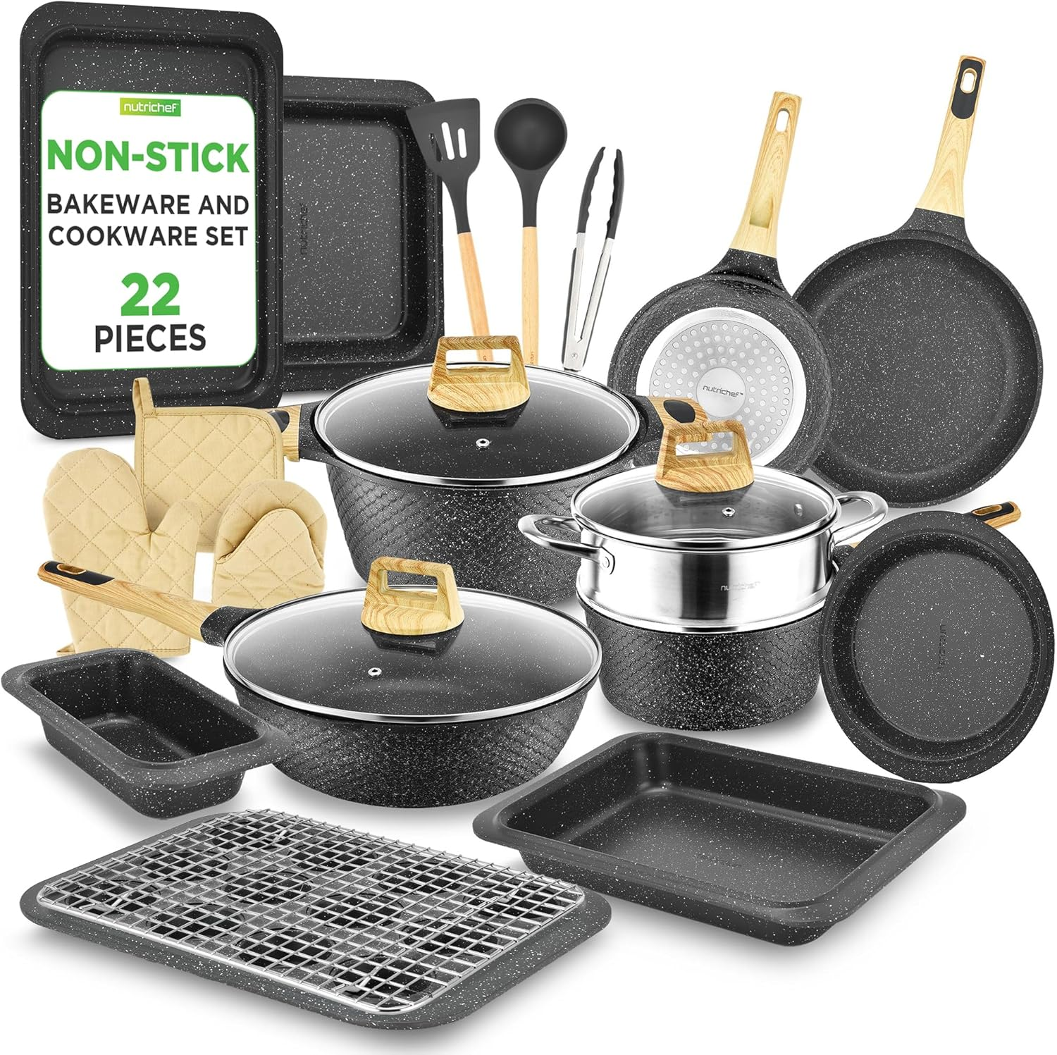 Nutrichef 22-Piece Cookware and Bakeware Set | Professional Home Kitchen Collection with Multi-Sized Pots, Pans, Non Stick and Heat-Resistant Tools (Moon Grey Marble)