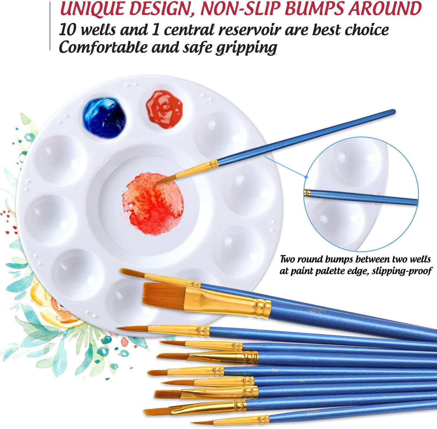 Paint Brushes Palettes Set, Fyvadio 20Pcs Nylon Hair Brushes and 7 Paint Palette, Artist Brushes for Acrylic Oil Watercolor Canvas Face Rock Painting Party Painting image number 5