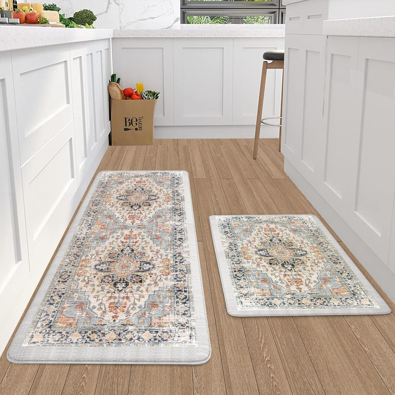 STEUGO 2 Pieces Boho Kitchen Rugs and Mats,Non-Slip Washable Carpets for Kitchen,Waterproof Kitchen Floor Rugs Set,Comfort Rug Sets of 2 for Kitchen/Bathroom,17"X29"+17"X59"(Colorful)
