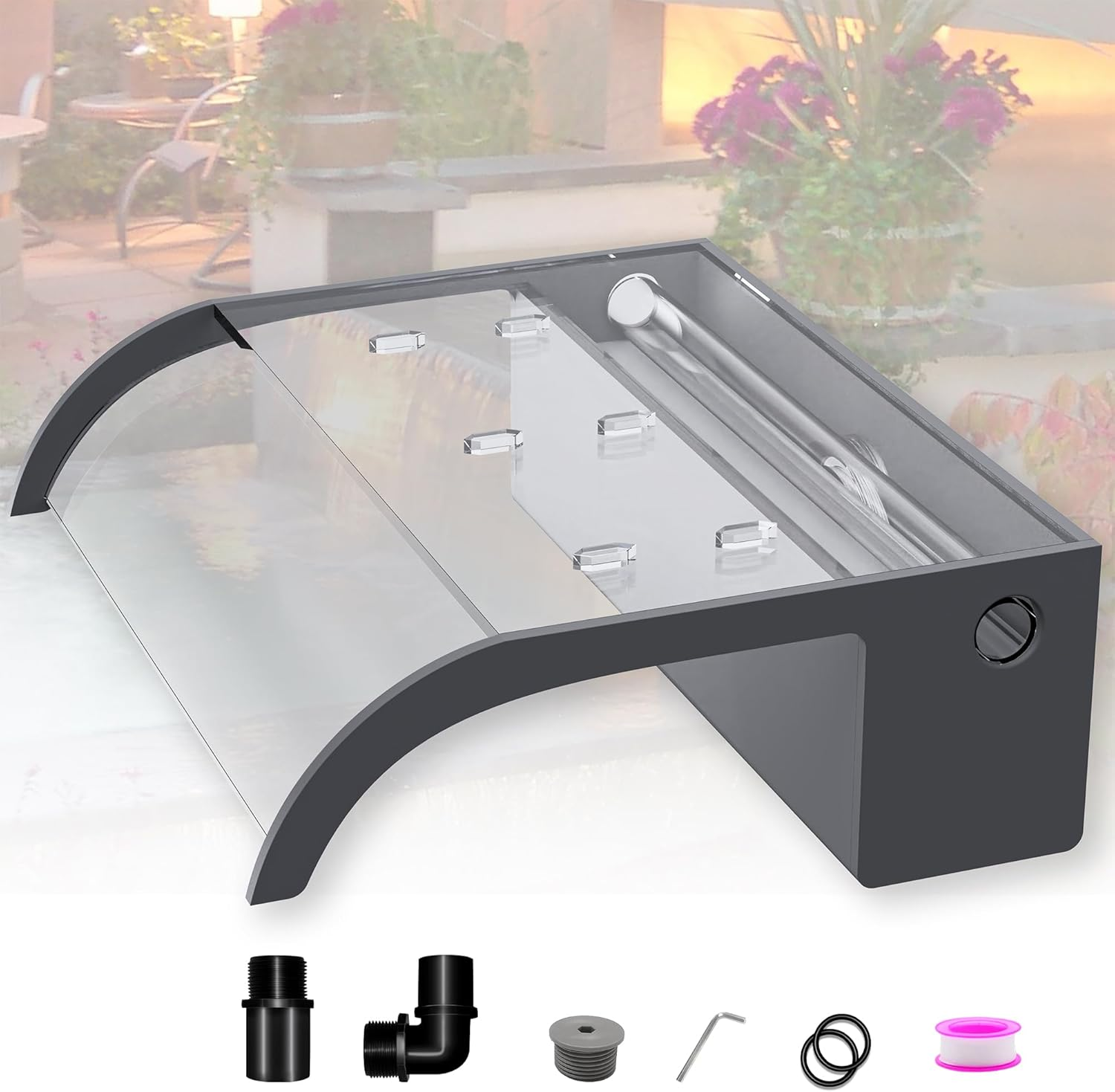 Pond Waterfall Blade Kit, 60Cm Acrylic Pool Fountain with Accessories, Width 18Cm Curved Outlet Spillway for Garden Patio Pond Decoration