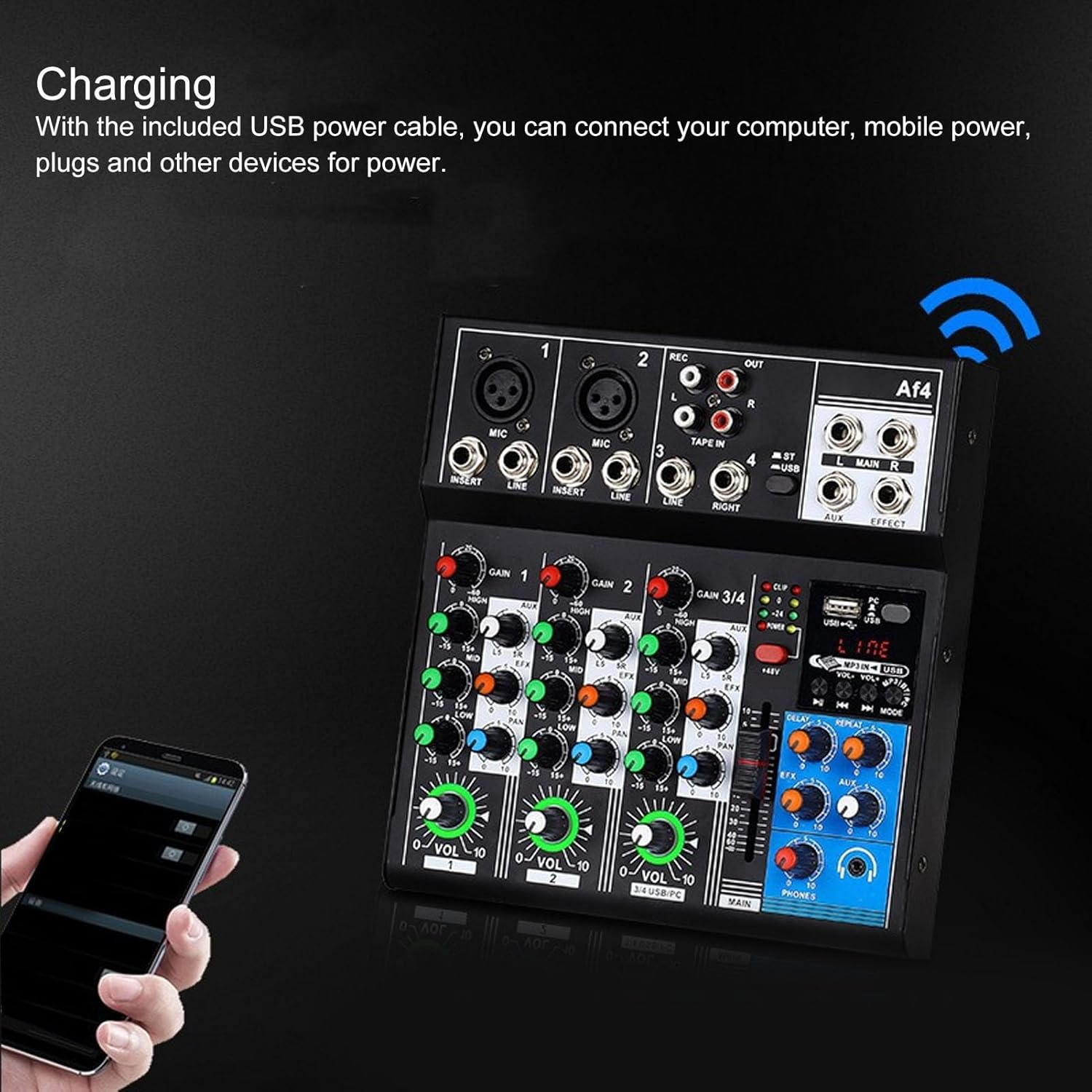 7 Channel Bluetooth Audio Mixer, Low Noise Streaming Mini Line Mixer, Ultra Slim DJ Sound Controller with LED Light, for Home Stage Live Streaming image number 2