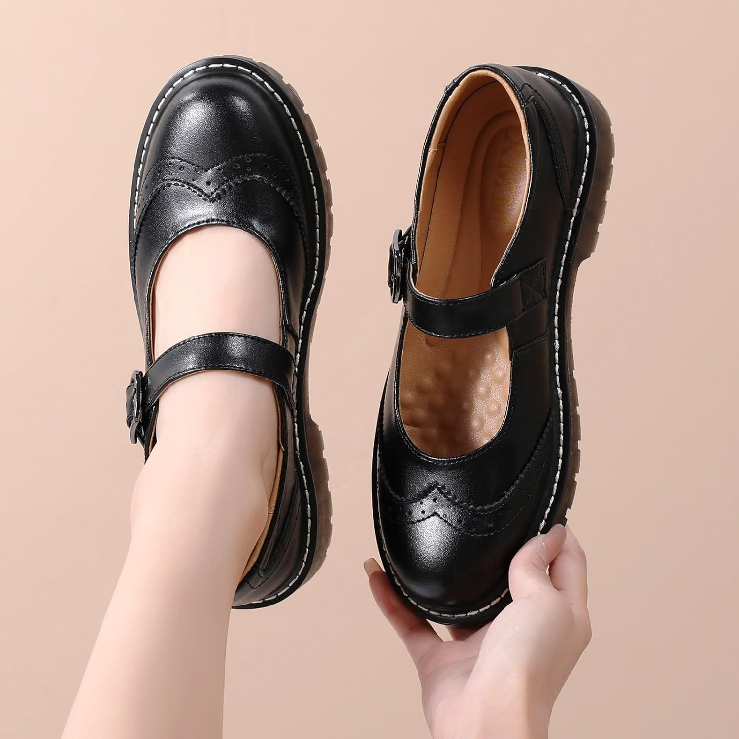 XMM Mary Jane Shoes Women Mary Janes Flats Ladies Oxford Shoes for Women Comfort Leather round Toe Non-Slip Dressy Casual Cute Girls School Work Shoes