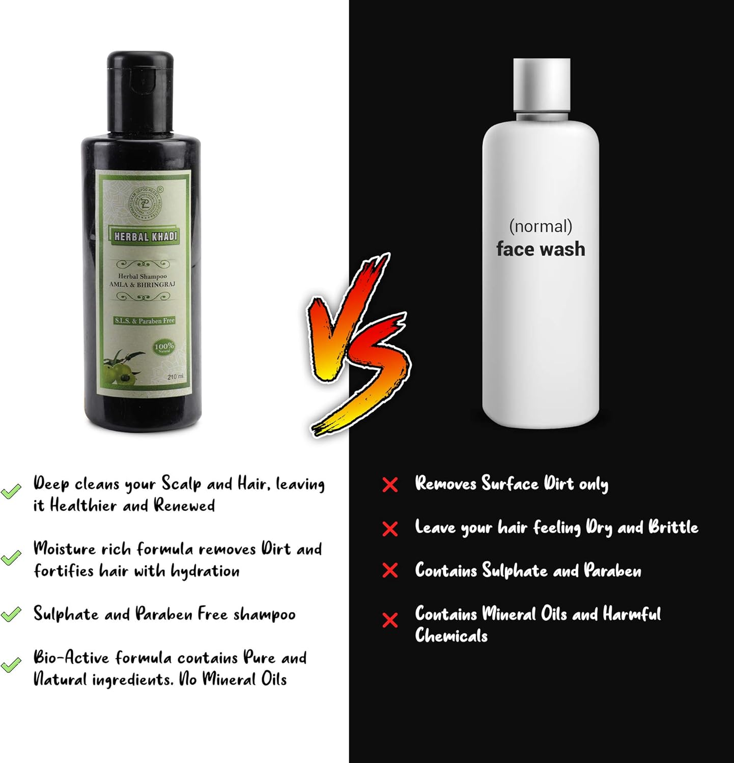 Herbal Khadi Amla Bhringraj Herbal Shampoo (NO SULPHATE & PARABEN) for Hair Fall Control & Regrowth, Dry & Frizzy Hair 210 Ml (Pack of 1) Men & Women image number 4