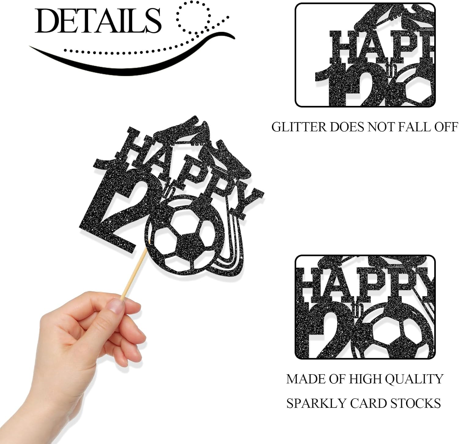 Monmon & Craft Soccer 12Th Birthday Cake Topper/Sport Theme Soccer Ball Cake Docer/Soccer Player Boy 12Th Birthday Party Decorations - Black Glitter image number 3